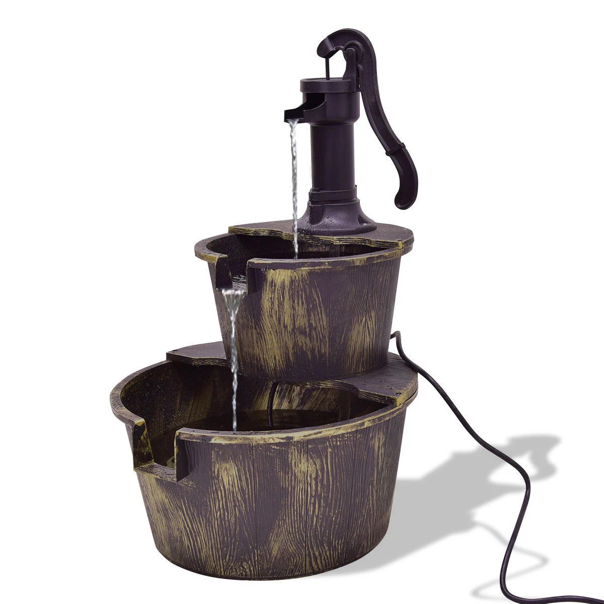 2 Tier Outdoor Barrel Waterfall Fountain With Pump, Bronze - Image 4
