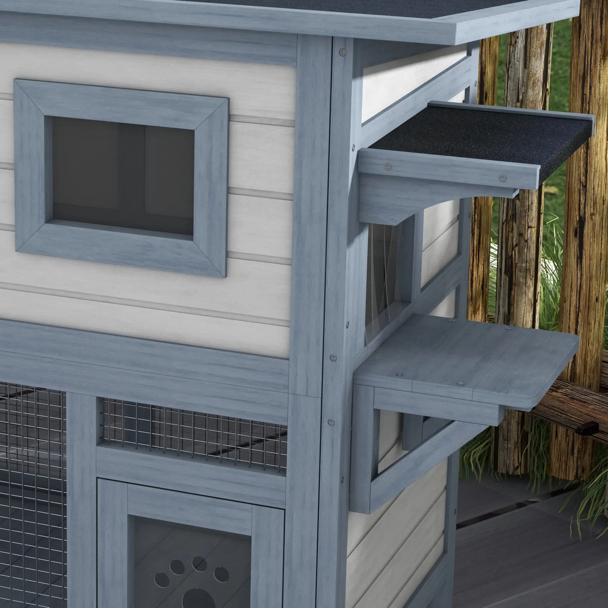 2 Tier Outdoor Cat House, Escape Door, Jump Platform, Light Grey - Image 10