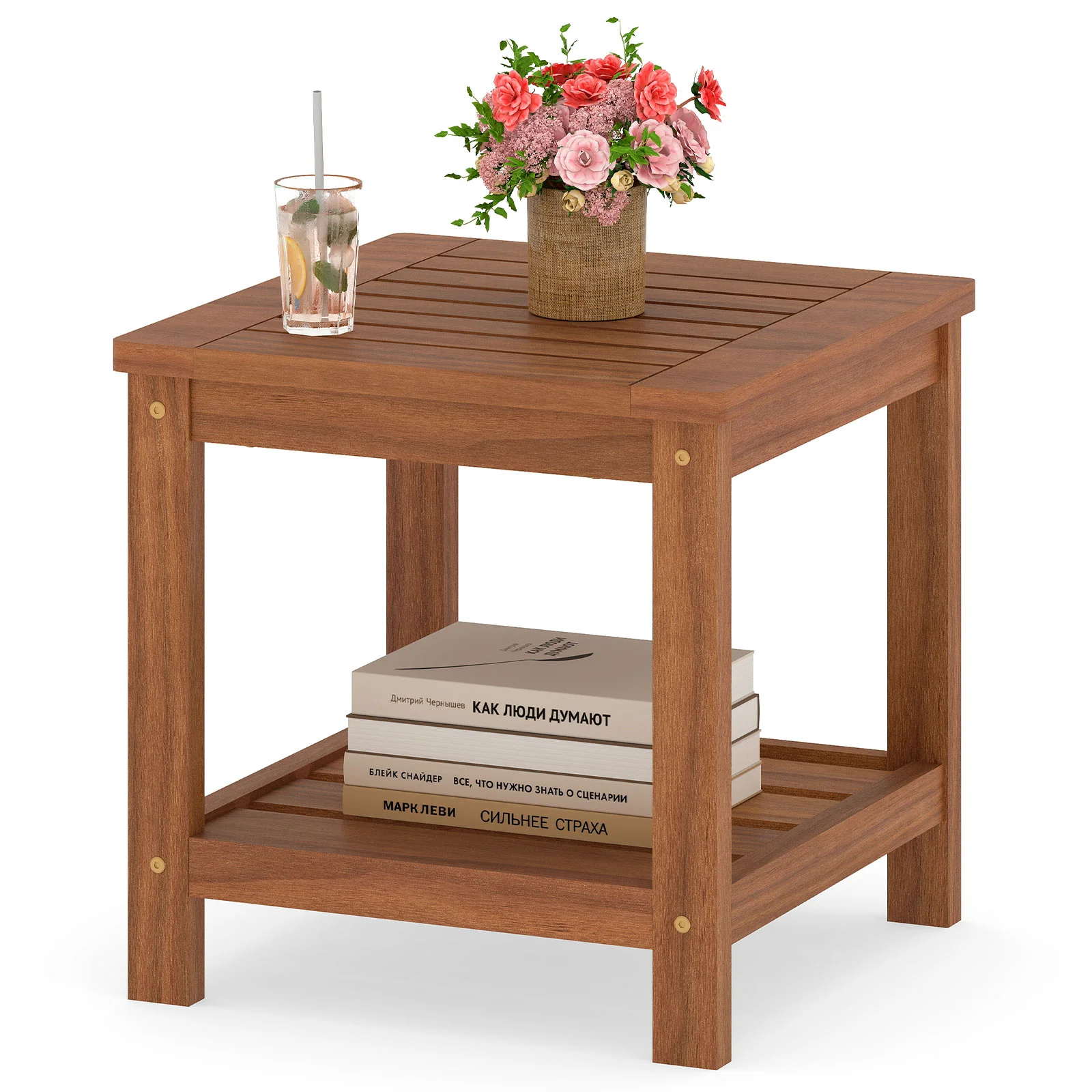 2-Tier Outdoor Side Table, Storage Shelf, Natural