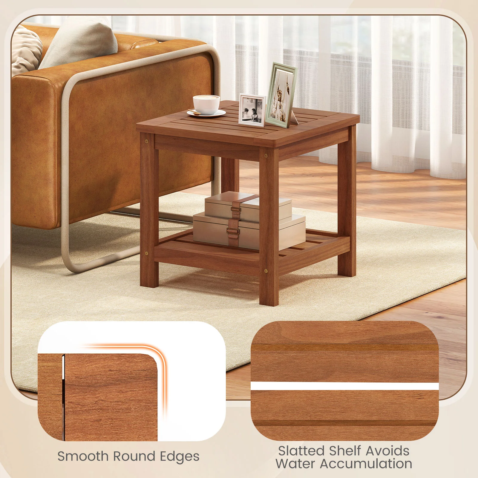 2-Tier Outdoor Side Table, Storage Shelf, Natural - Image 10