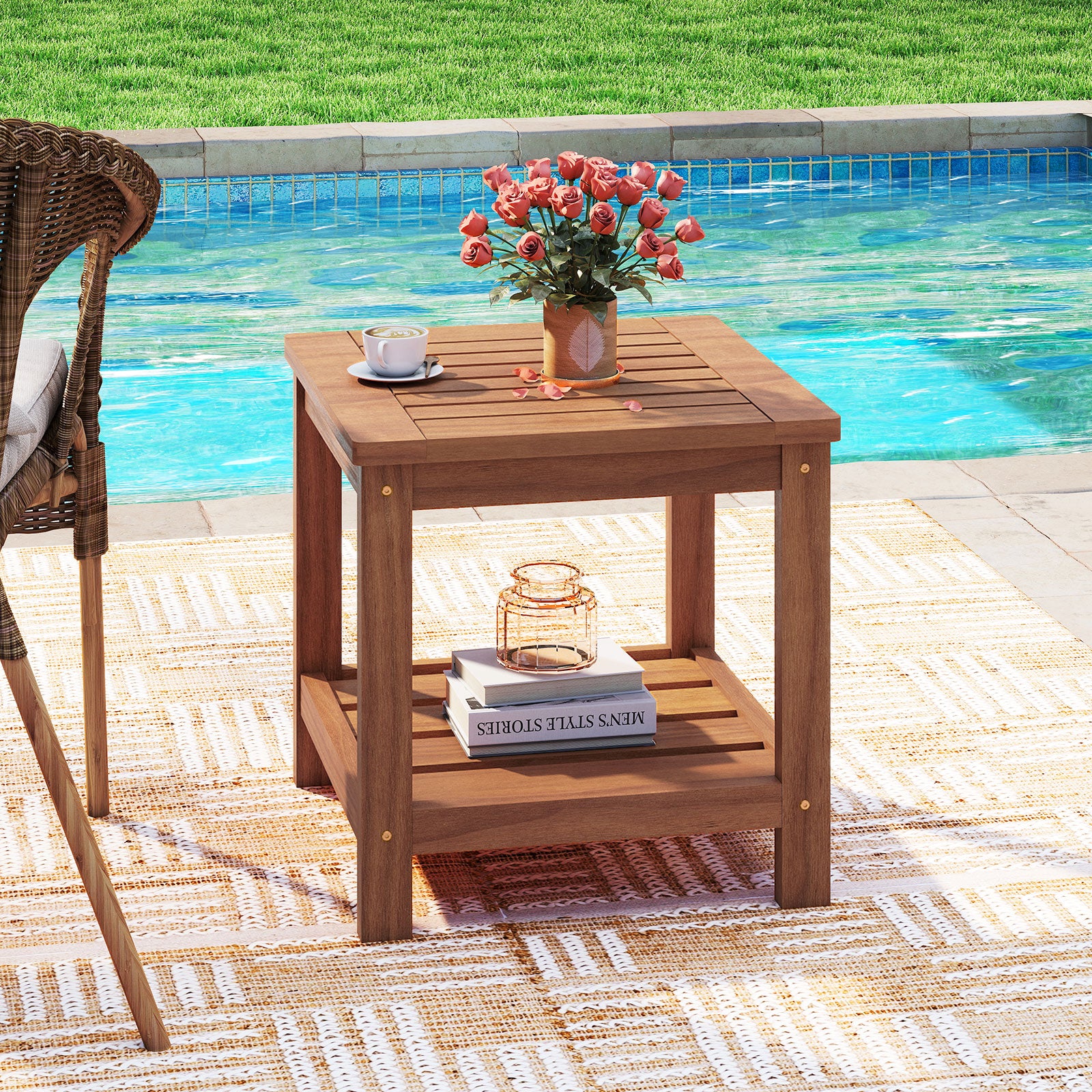2-Tier Outdoor Side Table, Storage Shelf, Natural - Image 2