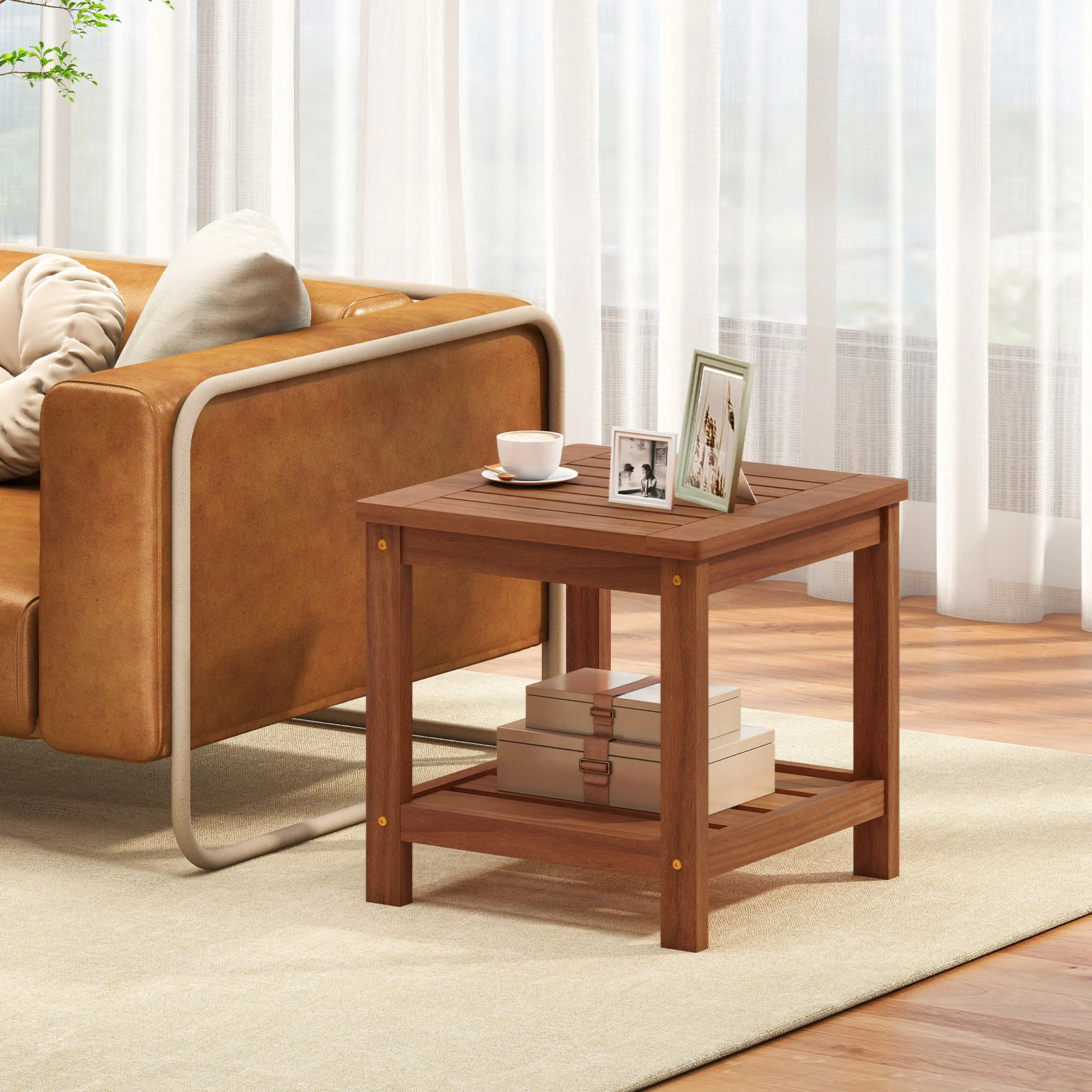 2-Tier Outdoor Side Table, Storage Shelf, Natural - Image 6