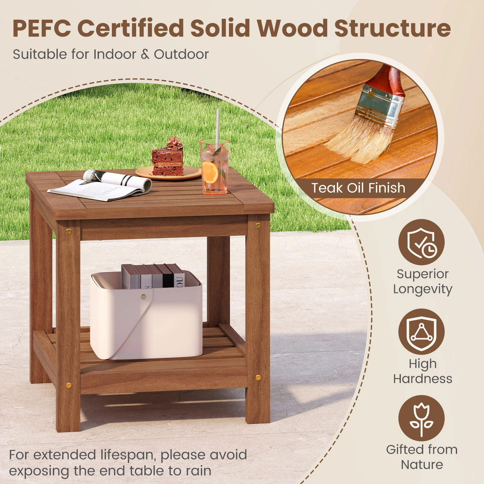 2-Tier Outdoor Side Table, Storage Shelf, Natural - Image 7