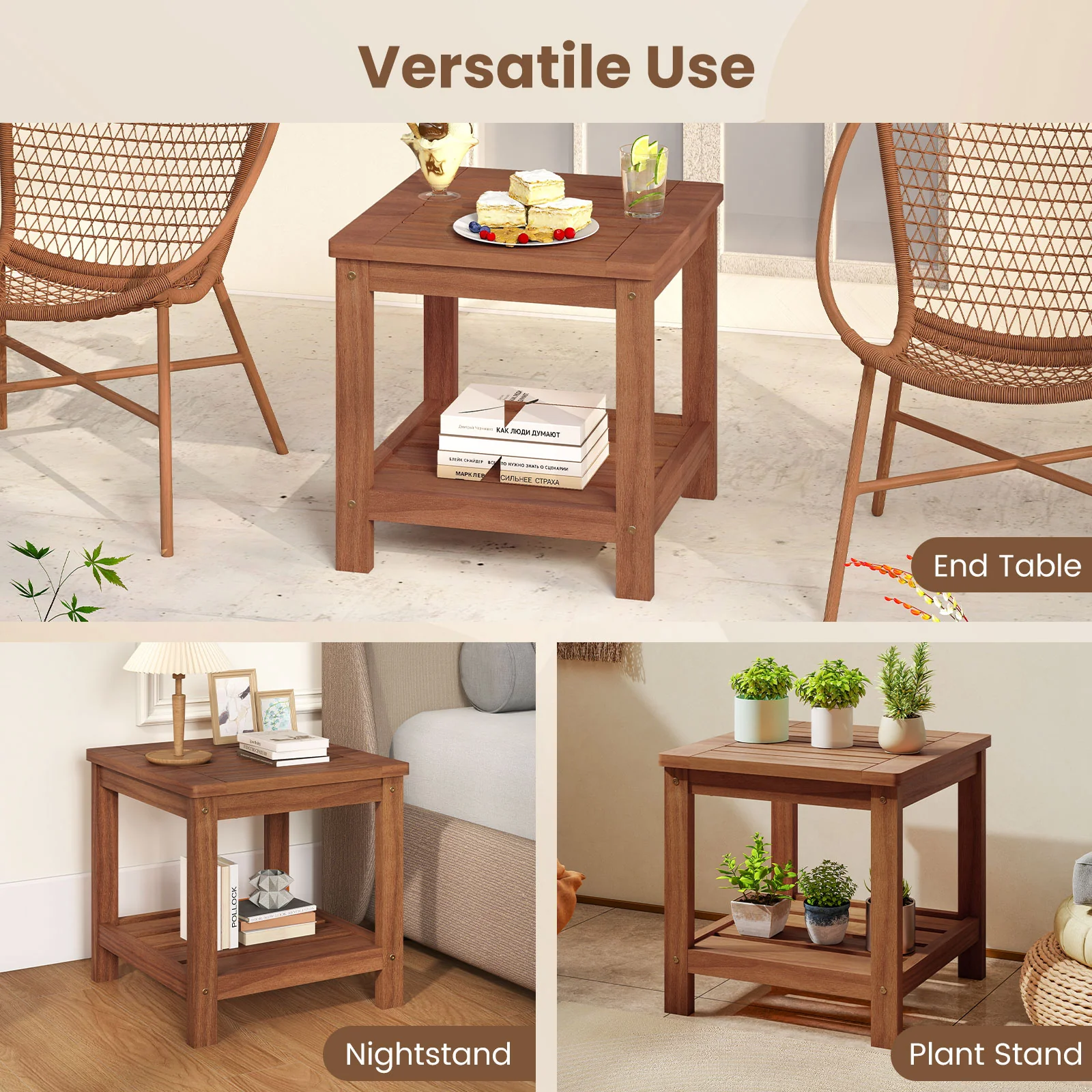 2-Tier Outdoor Side Table, Storage Shelf, Natural - Image 8