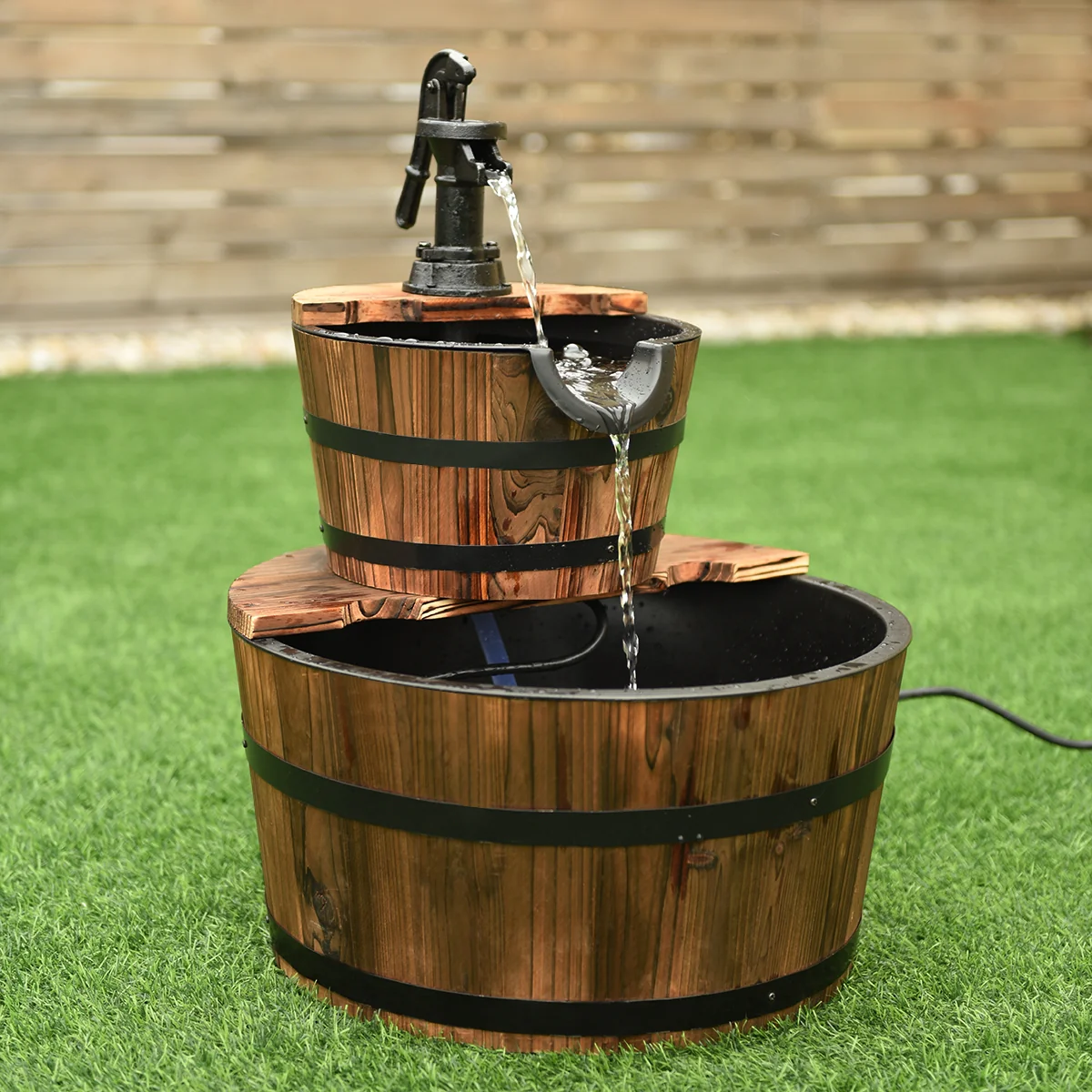2-Tiers Outdoor Wooden Barrel Waterfall Fountain with Pump, Brown - Image 3