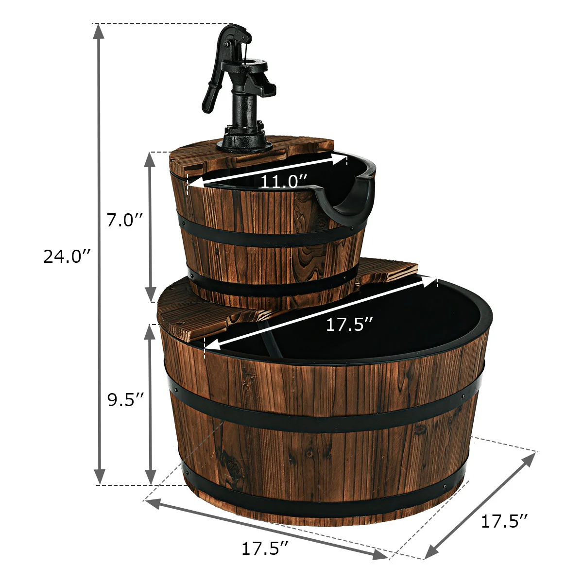 2-Tiers Outdoor Wooden Barrel Waterfall Fountain with Pump, Brown - Image 5