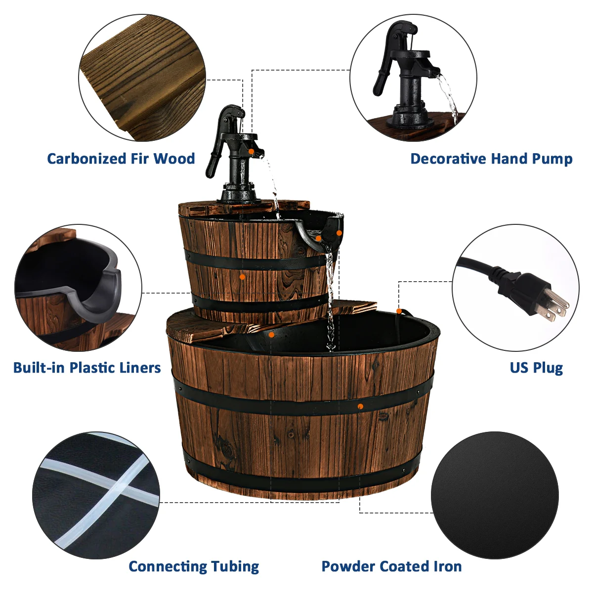 2-Tiers Outdoor Wooden Barrel Waterfall Fountain with Pump, Brown - Image 6