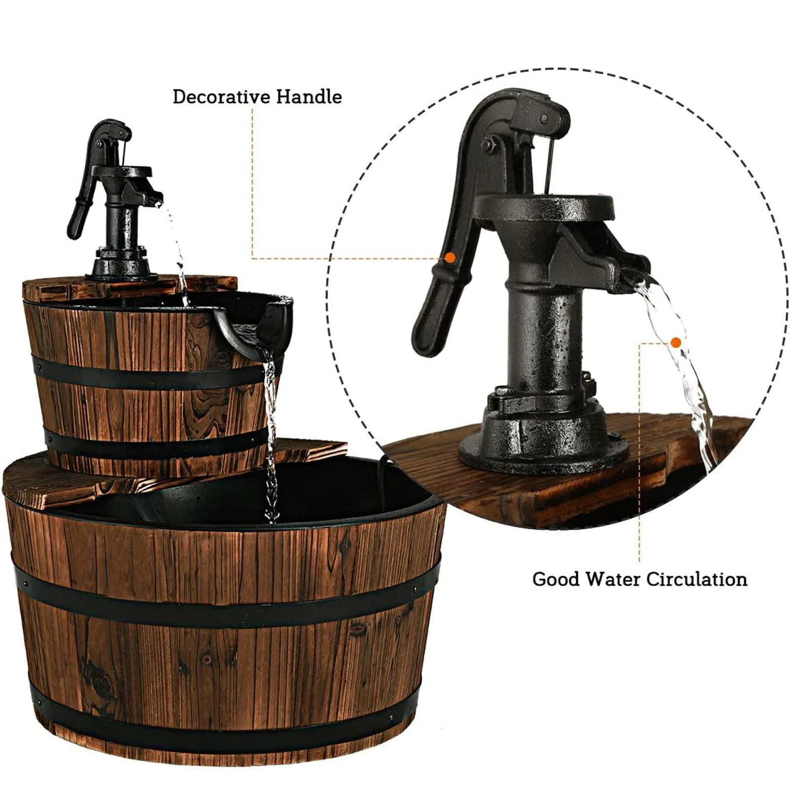 2-Tiers Outdoor Wooden Barrel Waterfall Fountain with Pump, Brown - Image 7