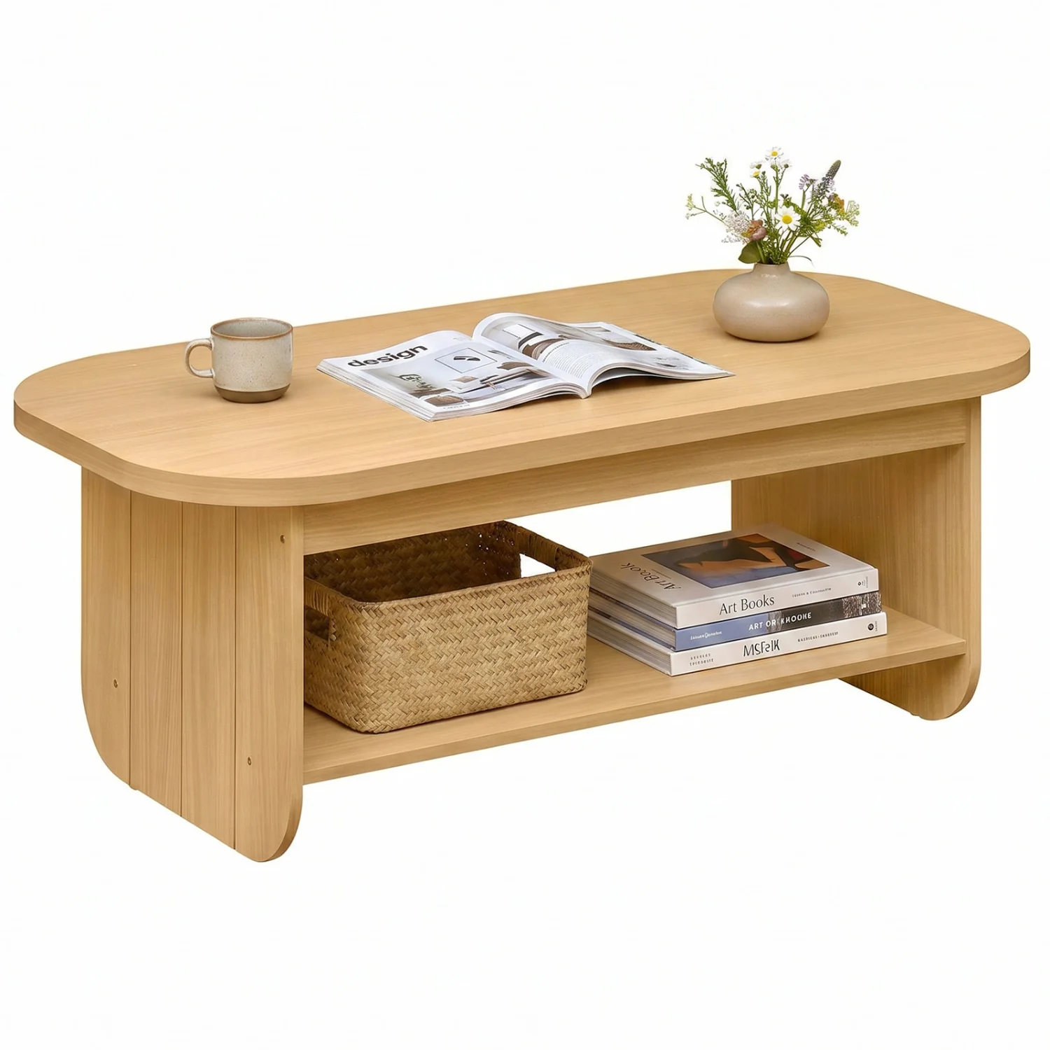 2-Tier Oval Coffee Table, with Storage Shelf, Natural