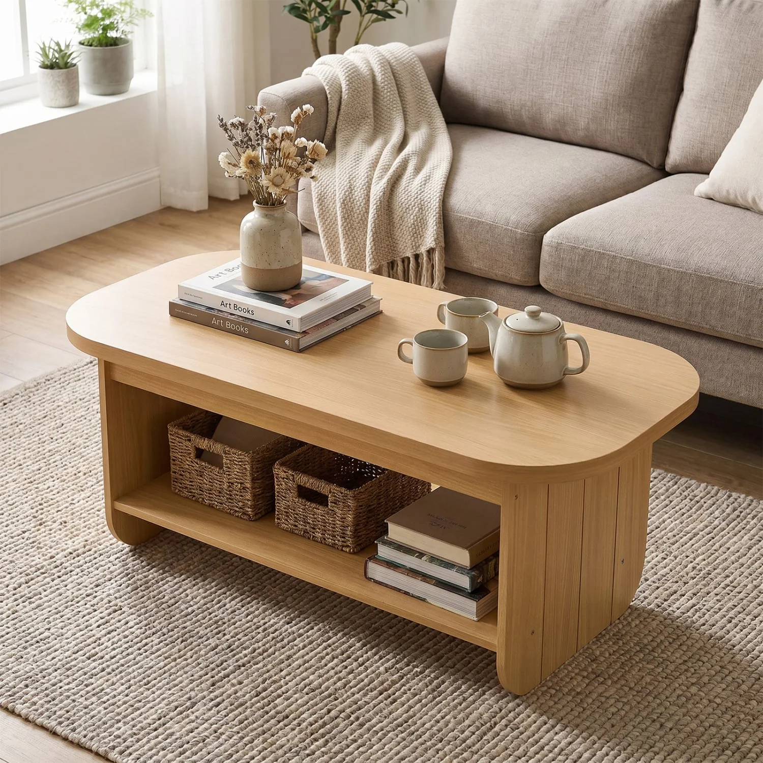 2-Tier Oval Coffee Table, with Storage Shelf, Natural - Image 2