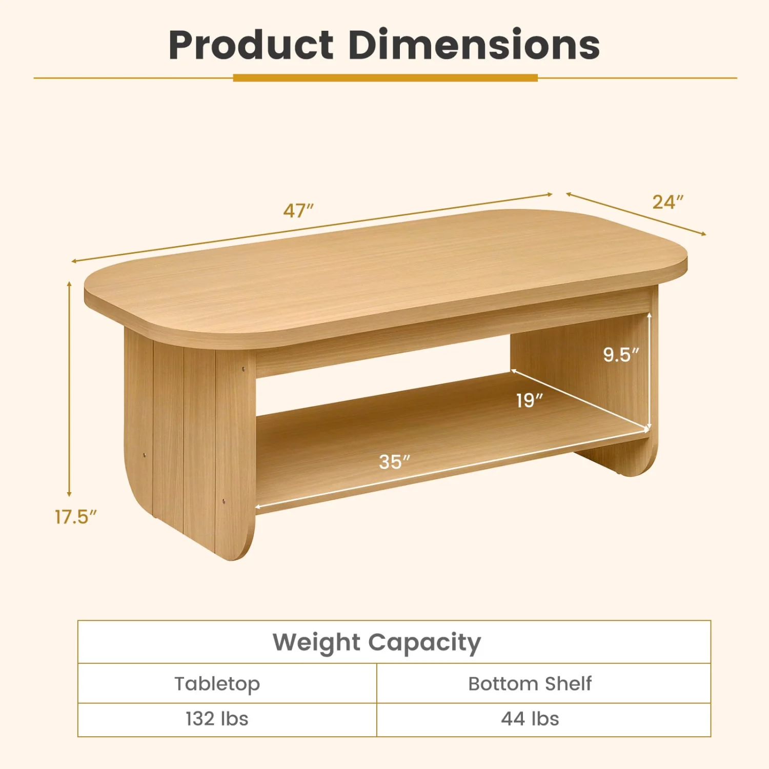 2-Tier Oval Coffee Table, with Storage Shelf, Natural - Image 5