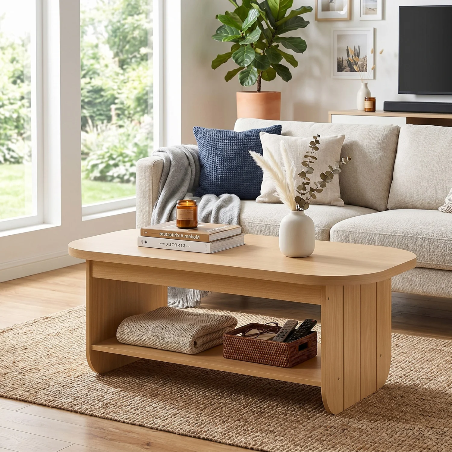 2-Tier Oval Coffee Table, with Storage Shelf, Natural - Image 7