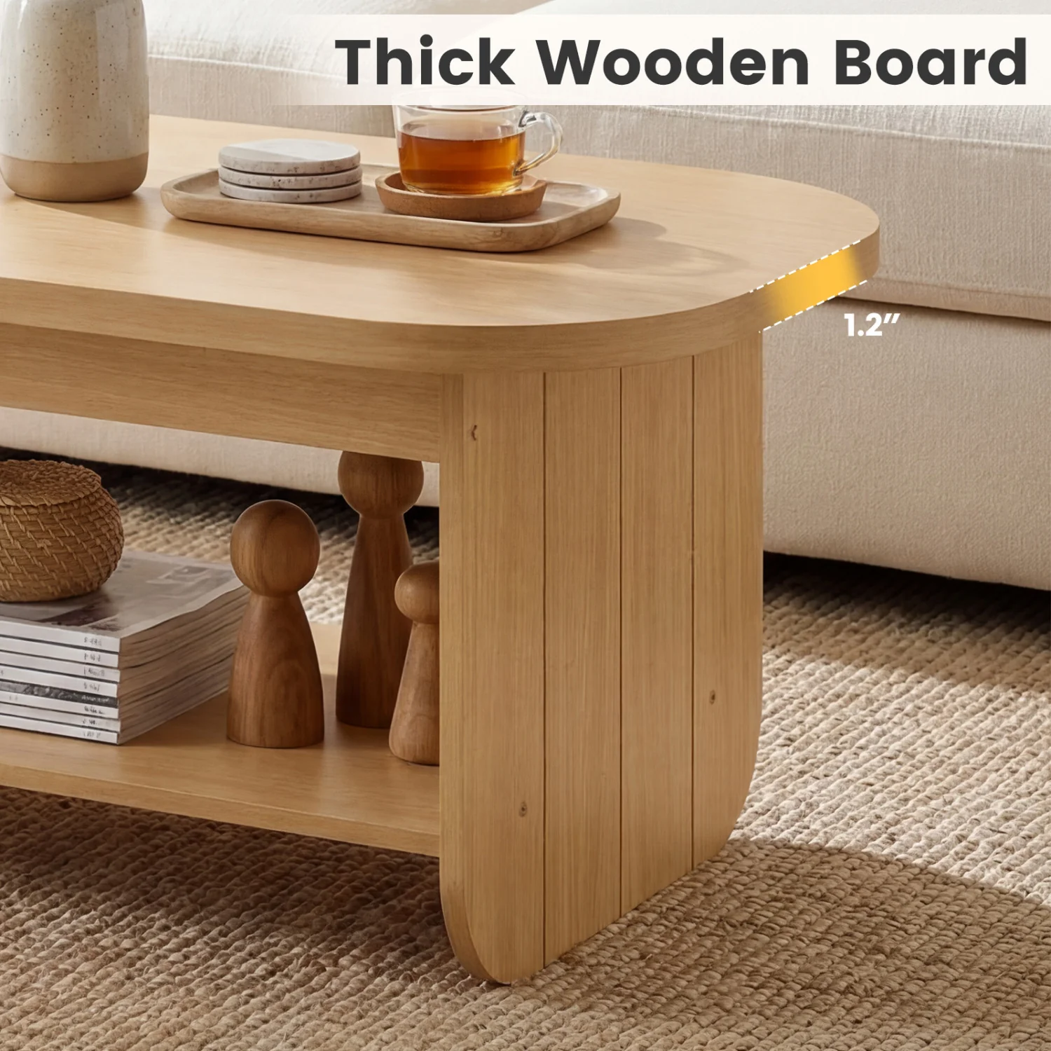 2-Tier Oval Coffee Table, with Storage Shelf, Natural - Image 9