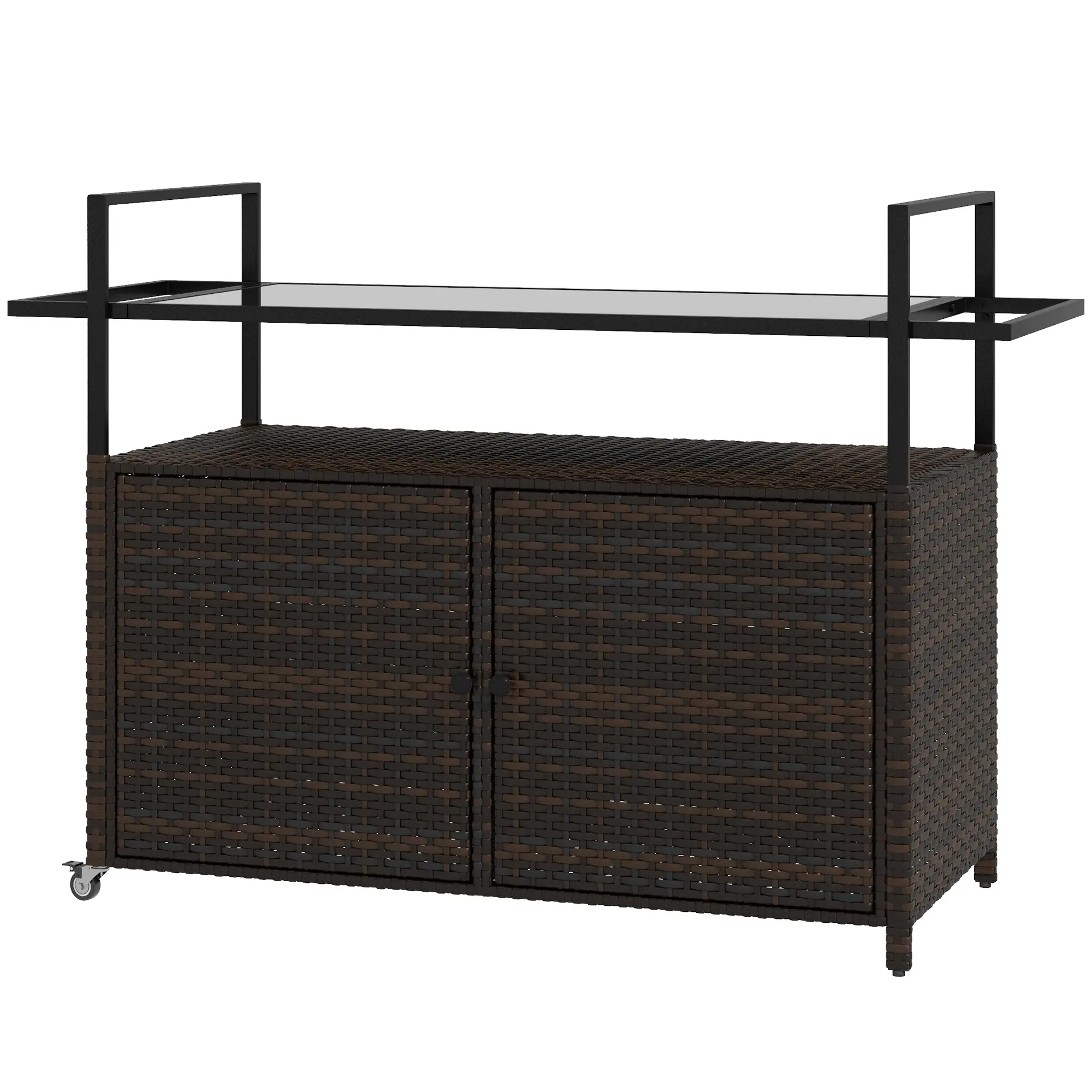2-Tier PE Rattan Bar Cart, Glass Top Outdoor Kitchen Island, Mixed Brown, Brown