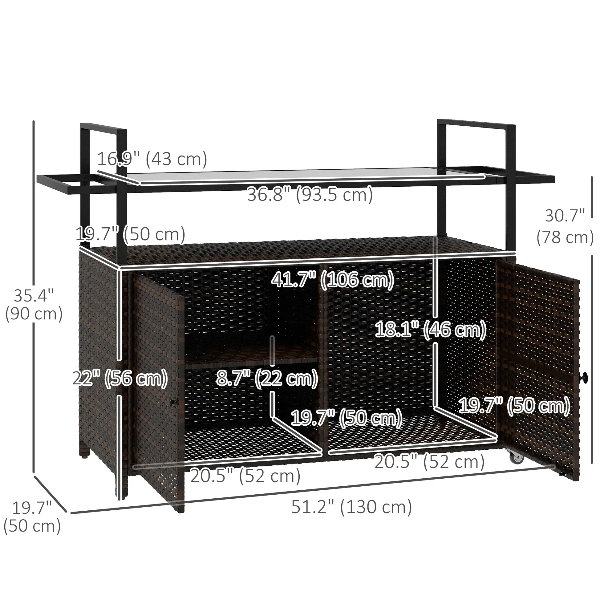 2-Tier PE Rattan Bar Cart, Glass Top Outdoor Kitchen Island, Mixed Brown, Brown - Image 3