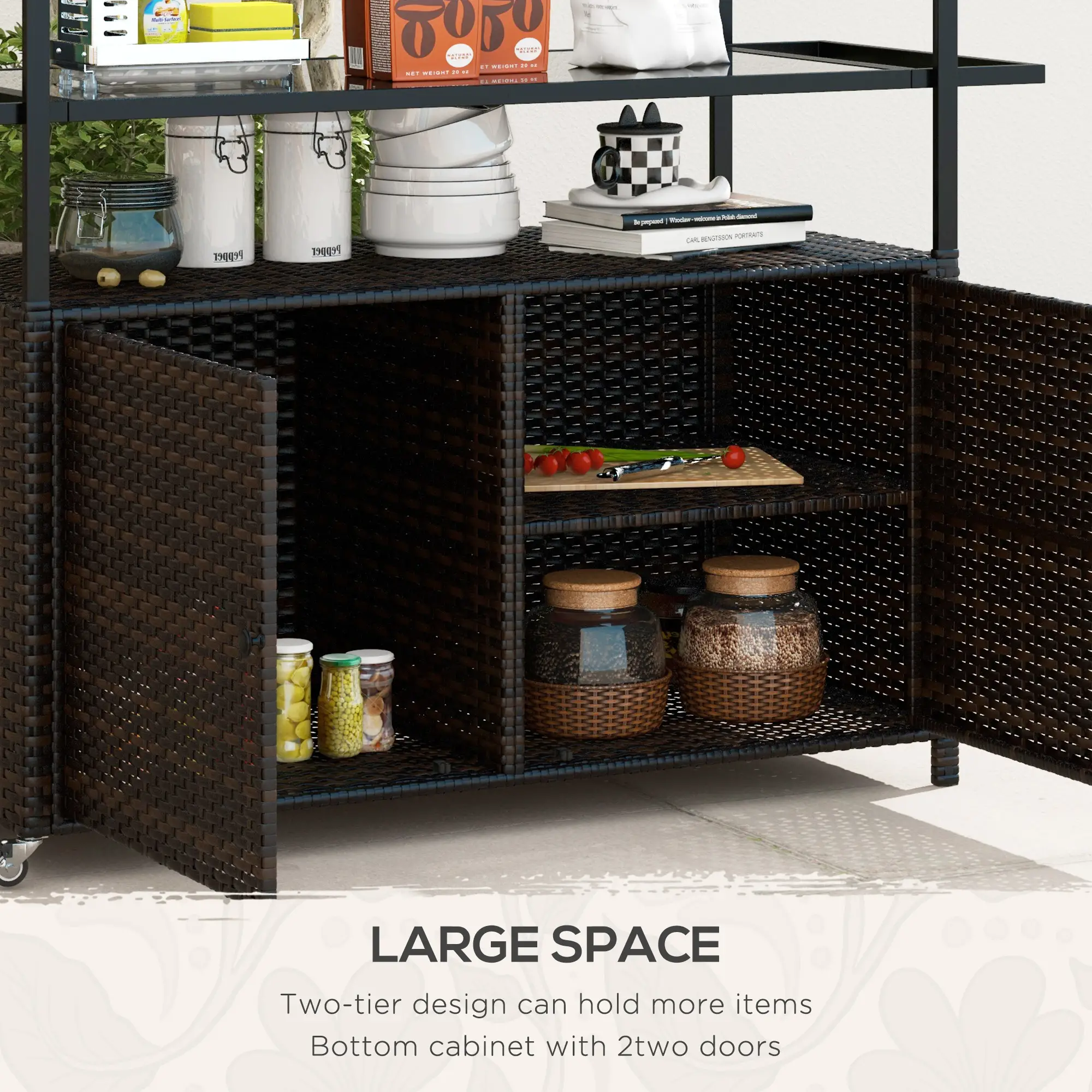 2-Tier PE Rattan Bar Cart, Glass Top Outdoor Kitchen Island, Mixed Brown, Brown - Image 6