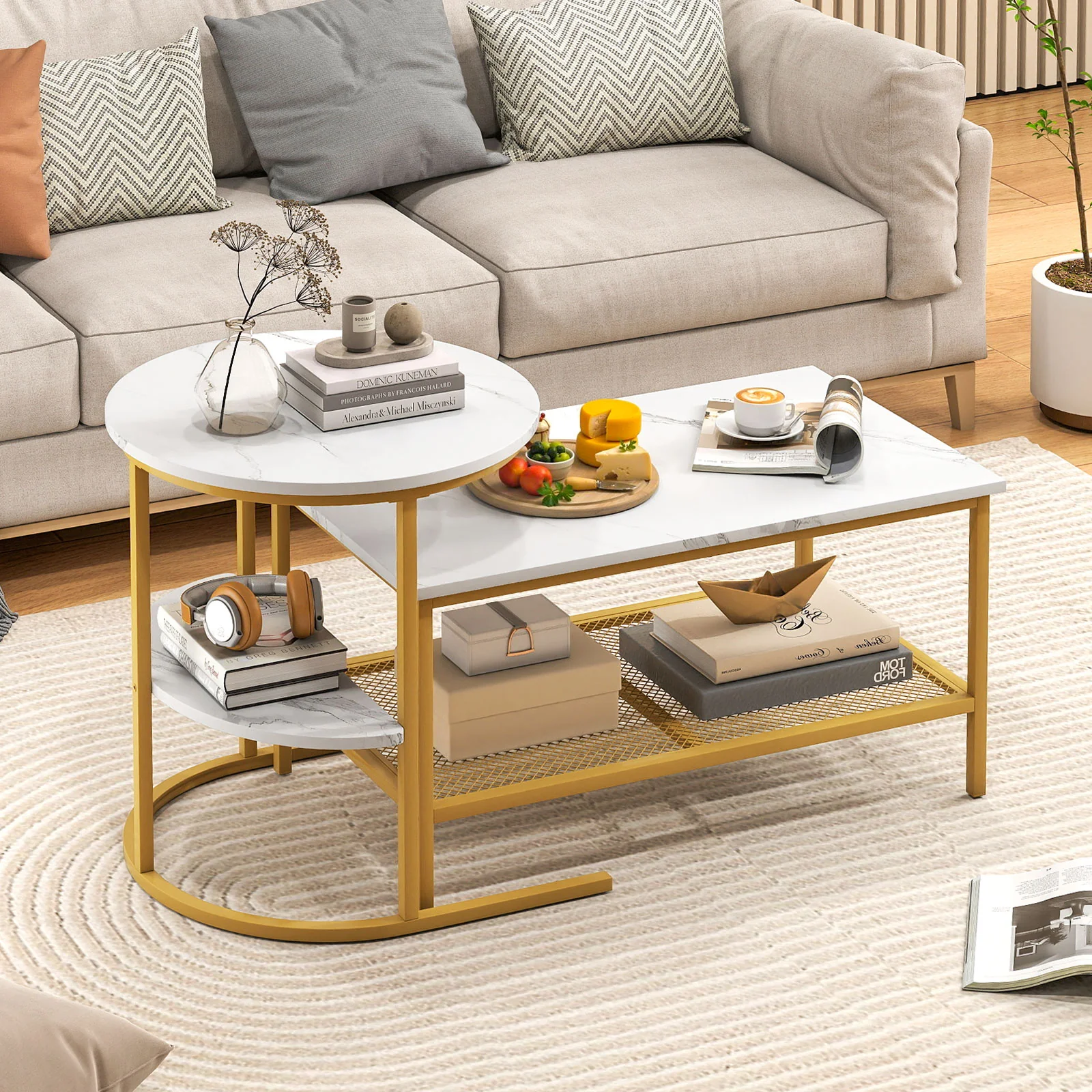 2-Tier Rectangle Coffee Table & Side End Table with Shelves, Golden, White - Image 2