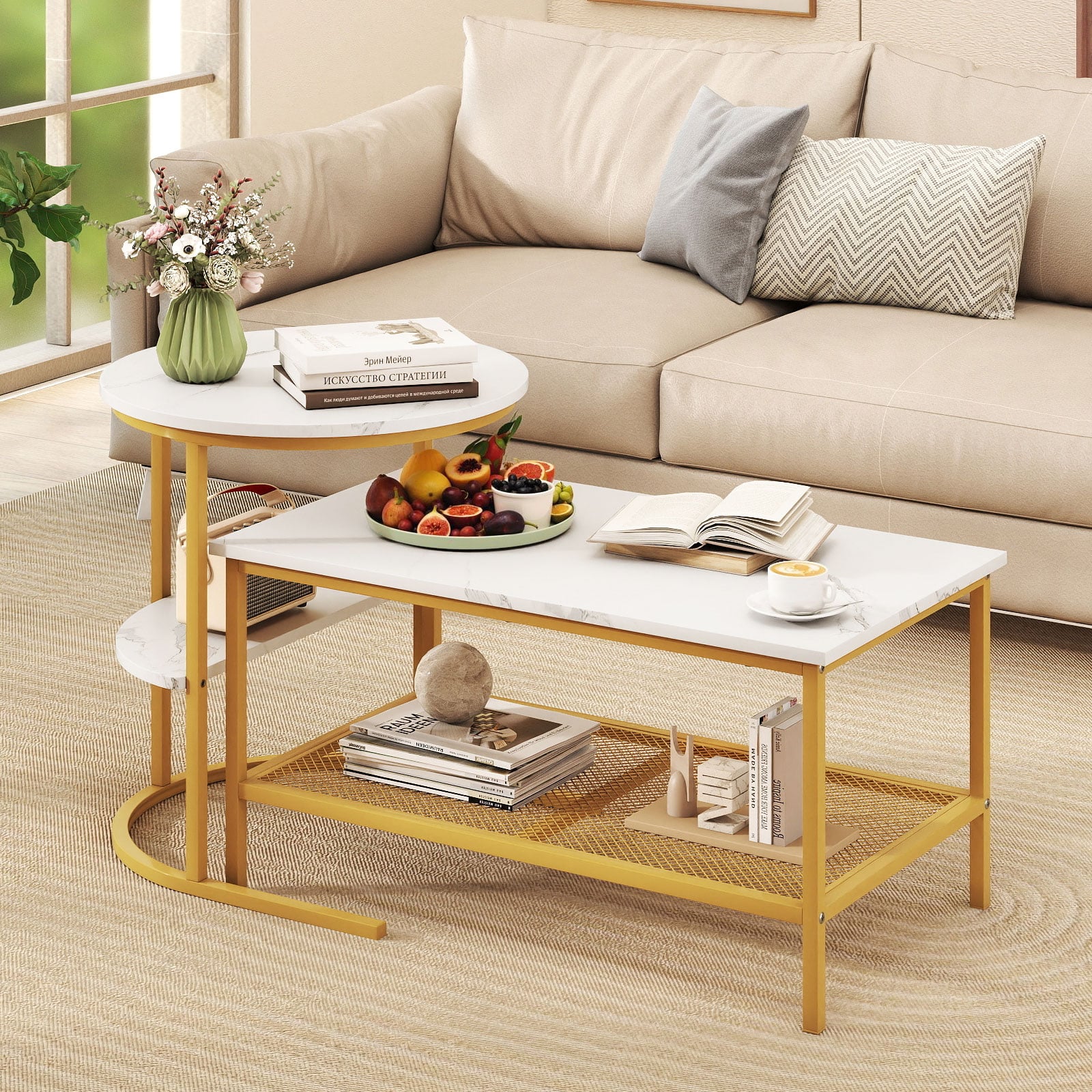 2-Tier Rectangle Coffee Table & Side End Table with Shelves, Golden, White - Image 3