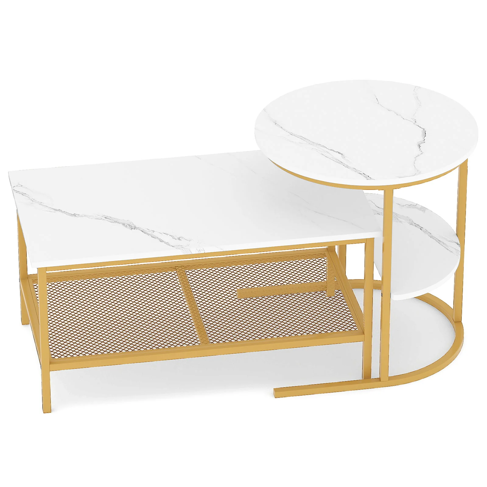 2-Tier Rectangle Coffee Table & Side End Table with Shelves, Golden, White - Image 4