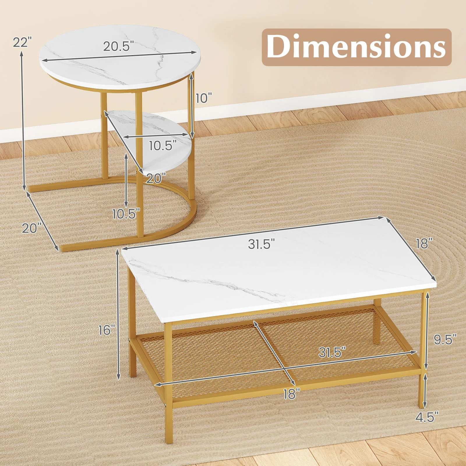 2-Tier Rectangle Coffee Table & Side End Table with Shelves, Golden, White - Image 5
