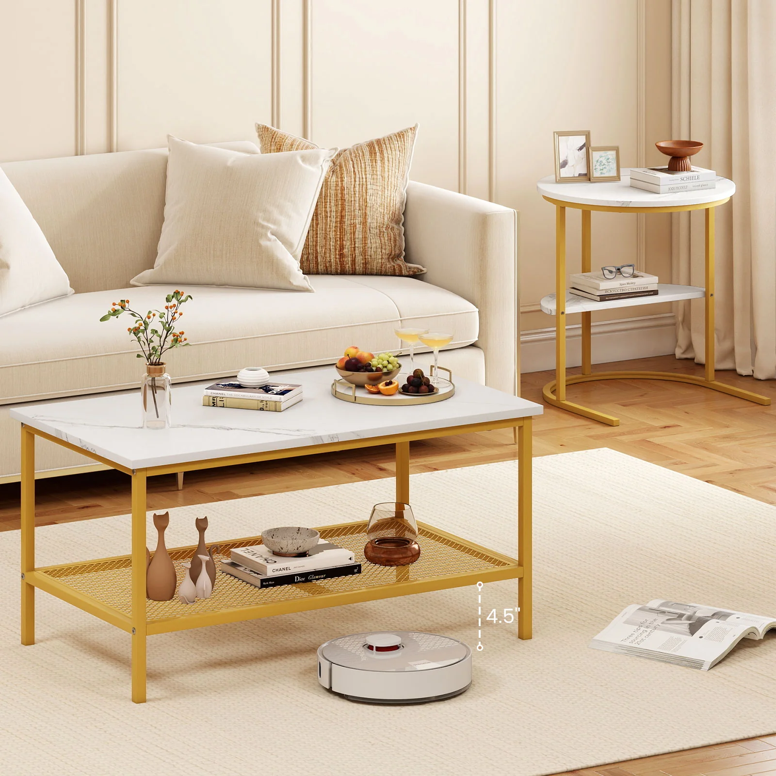2-Tier Rectangle Coffee Table & Side End Table with Shelves, Golden, White - Image 6