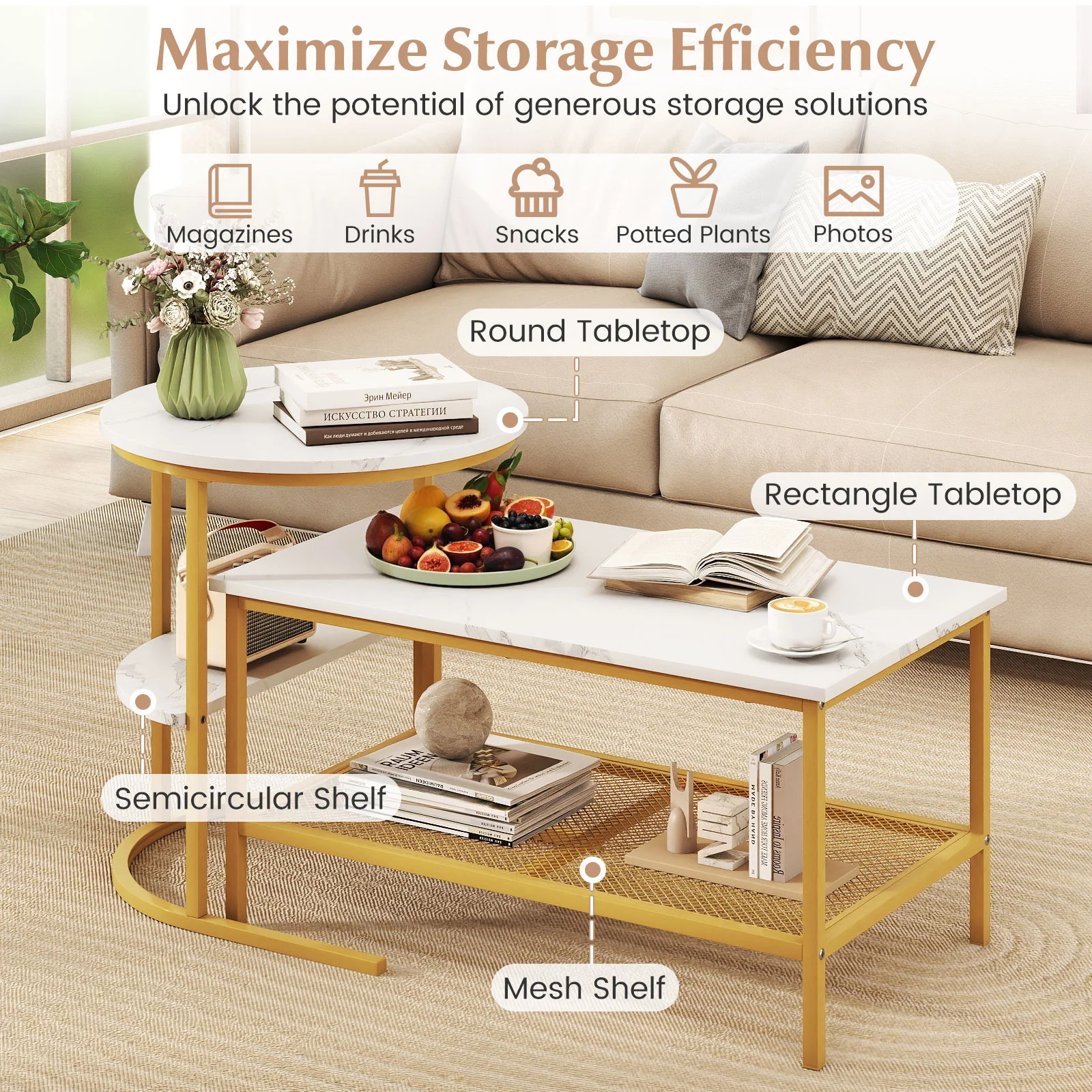 2-Tier Rectangle Coffee Table & Side End Table with Shelves, Golden, White - Image 7
