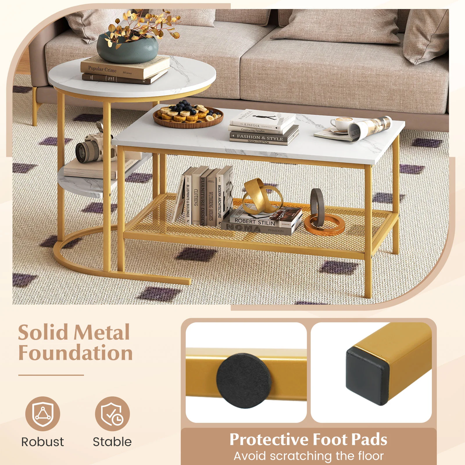2-Tier Rectangle Coffee Table & Side End Table with Shelves, Golden, White - Image 8