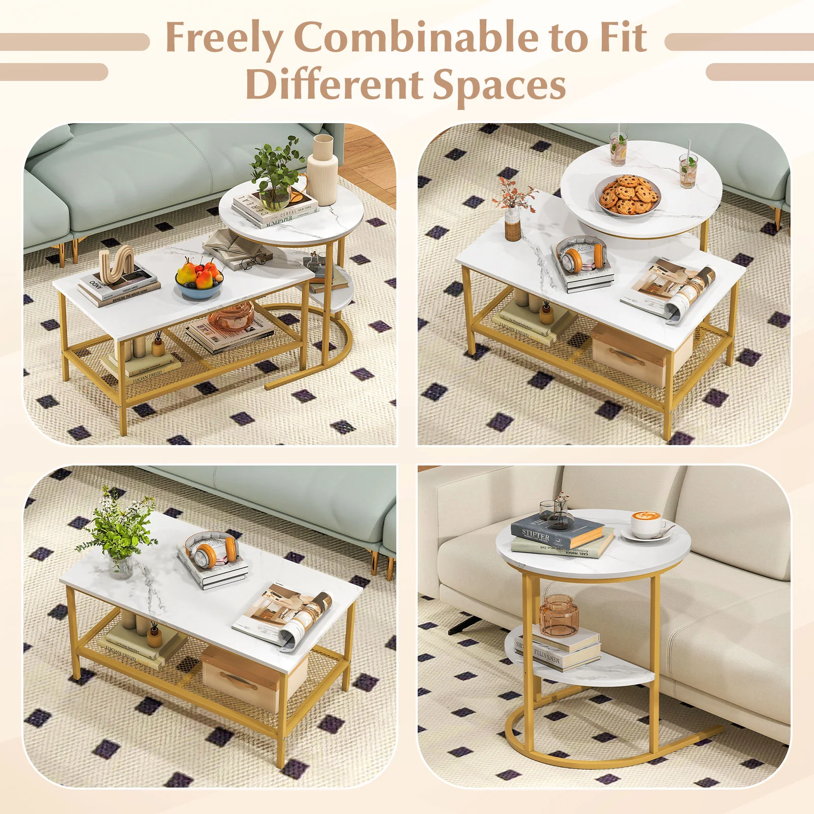 2-Tier Rectangle Coffee Table & Side End Table with Shelves, Golden, White - Image 9