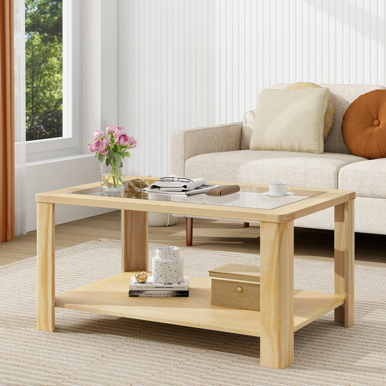 2-Tier Rectangular Coffee Table, Tempered Glass Tabletop, Storage Shelf, Natural - Image 7