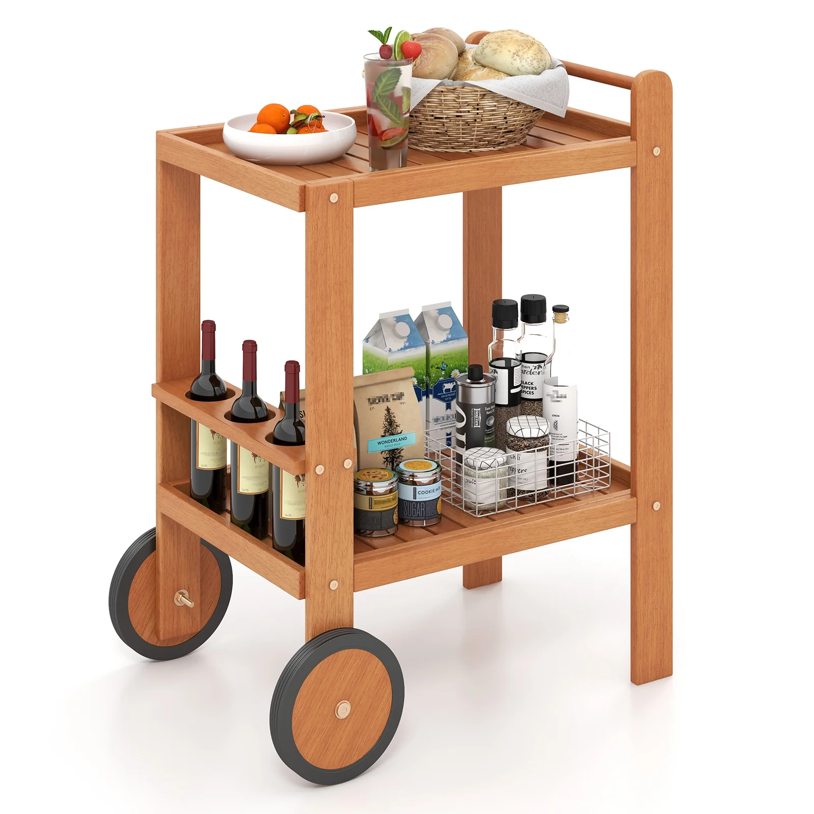 2 Tier Rolling Serving Cart, With Wine Bottle Holders, Brown