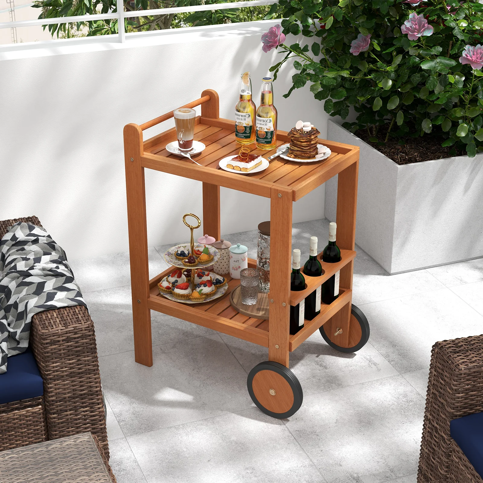 2 Tier Rolling Serving Cart, With Wine Bottle Holders, Brown - Image 2
