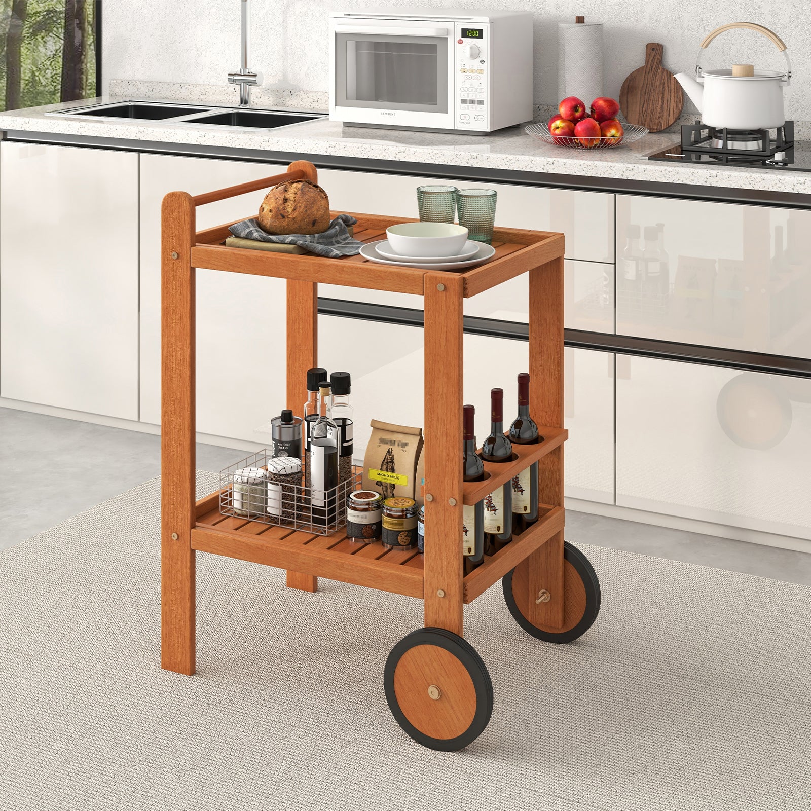 2 Tier Rolling Serving Cart, With Wine Bottle Holders, Brown - Image 3