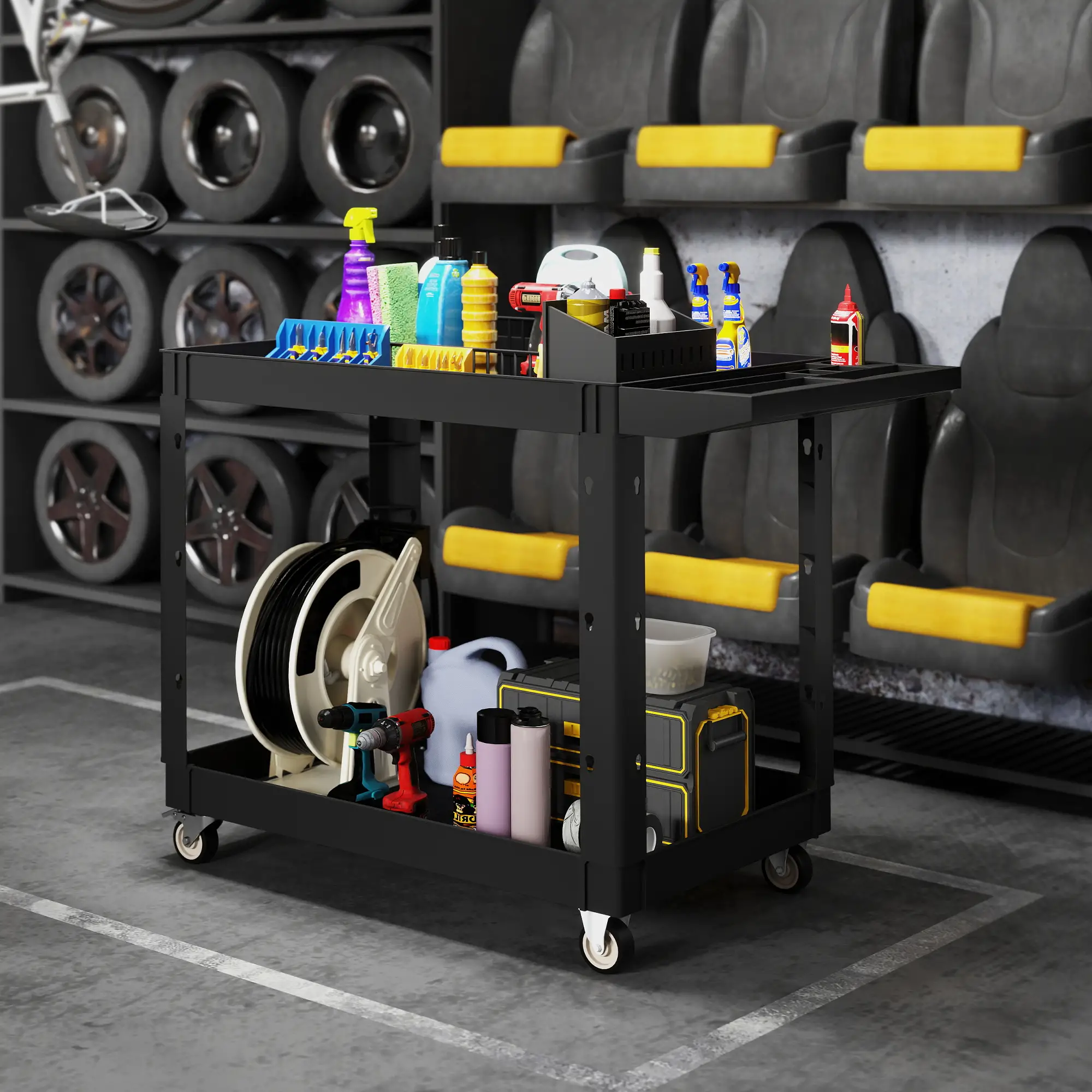 2-Tier Rolling Tool Cart, 500 LBS Capacity Plastic Utility Cart, Black - Image 8