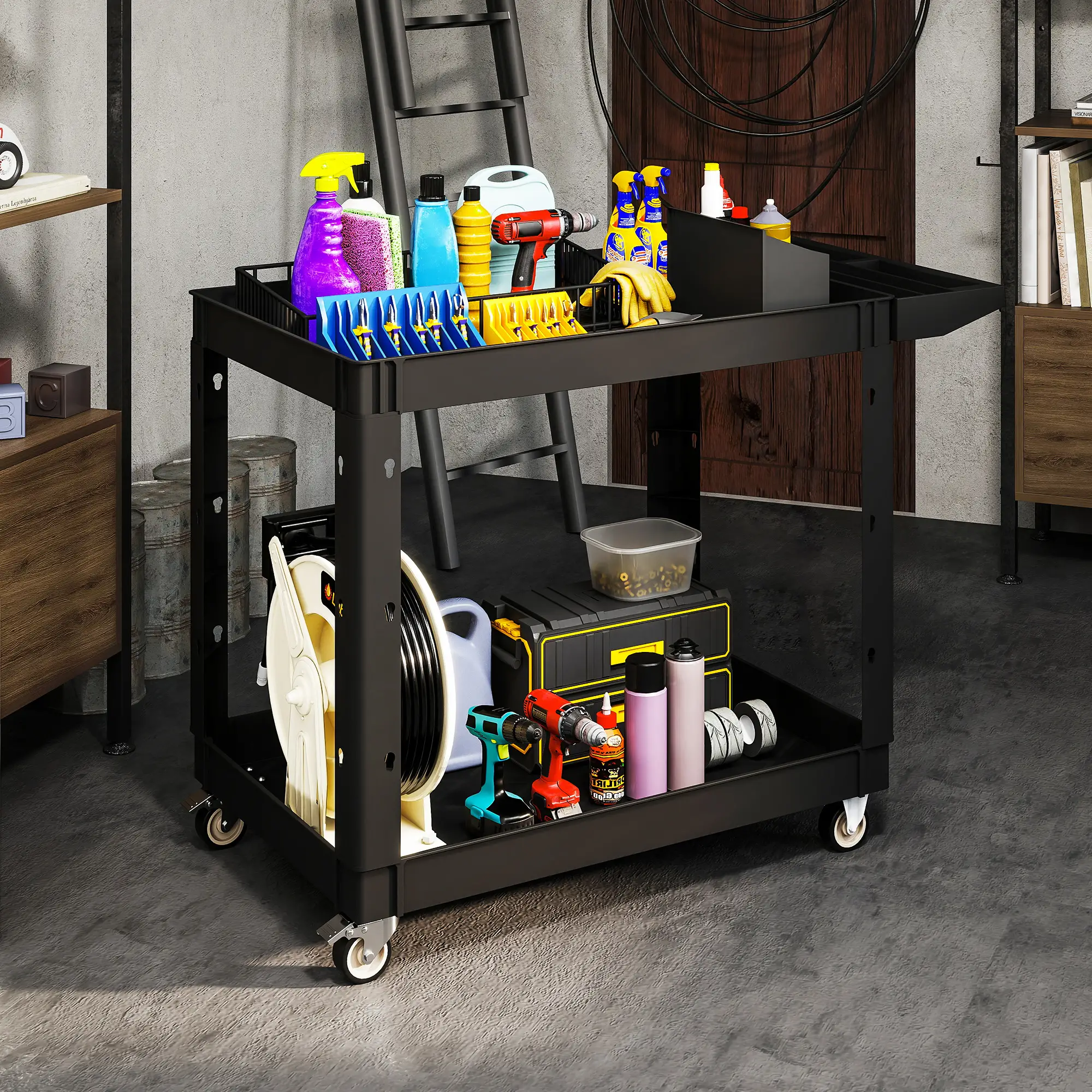 2-Tier Rolling Tool Cart, 500 LBS Capacity Plastic Utility Cart, Black - Image 9