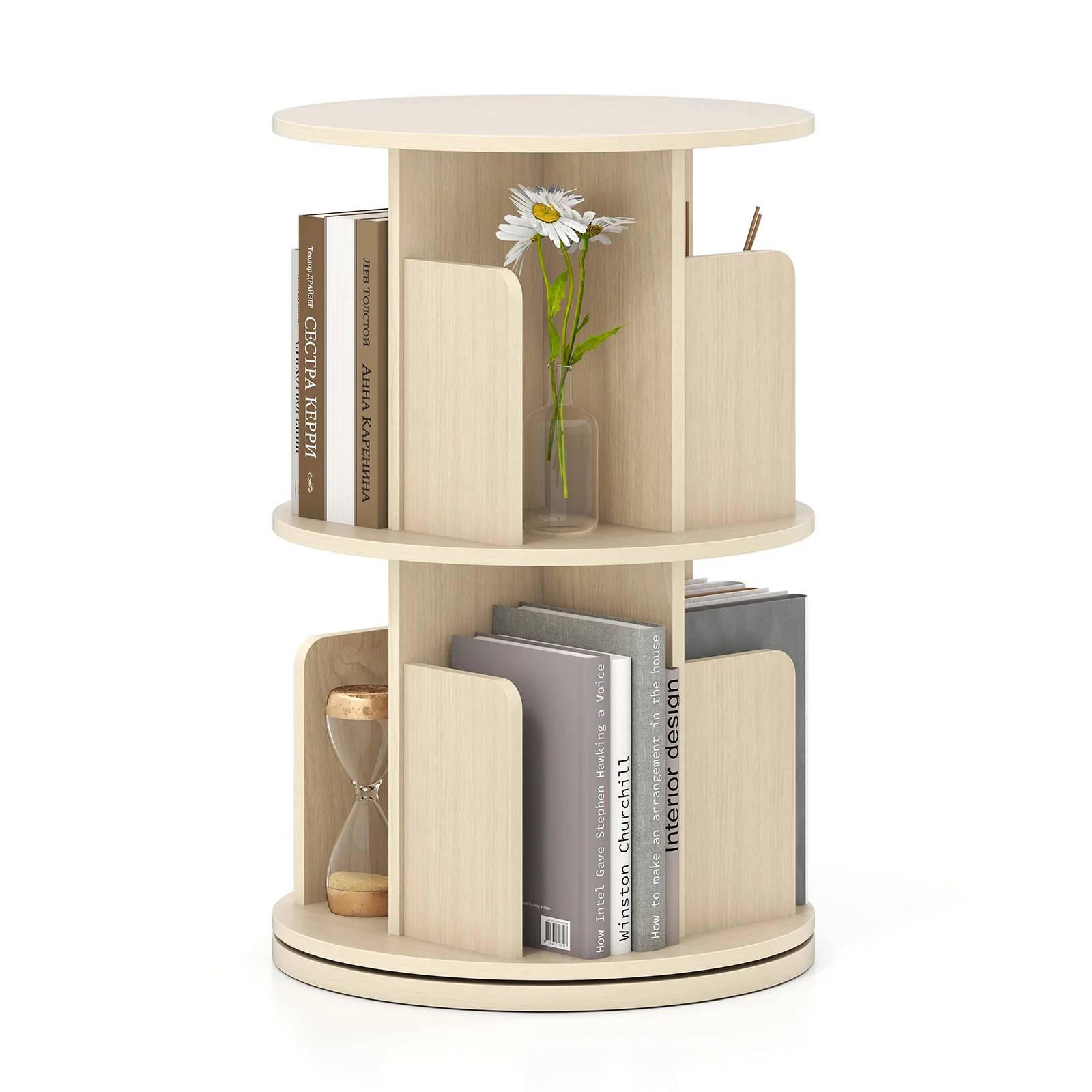 2-Tier Rotating Bookshelf With Dividers, Natural - Image 4