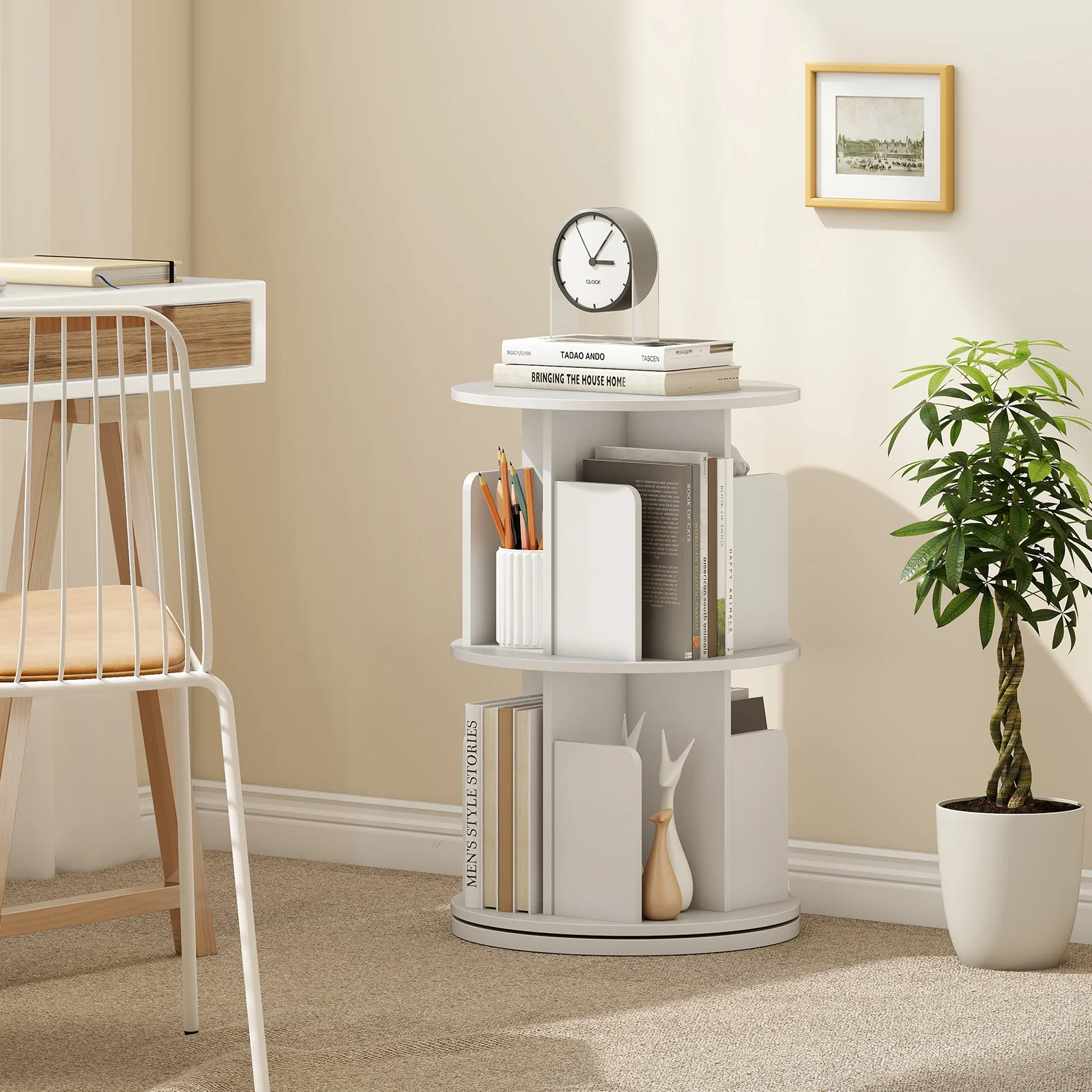 2-Tier Rotating Bookshelf With Dividers, White - Image 3