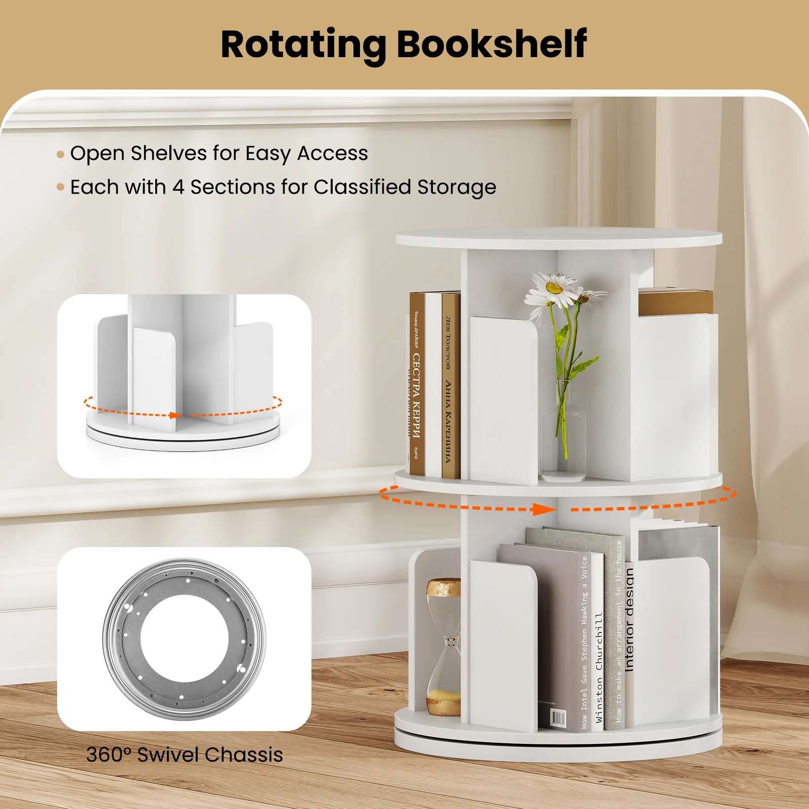 2-Tier Rotating Bookshelf With Dividers, White - Image 8