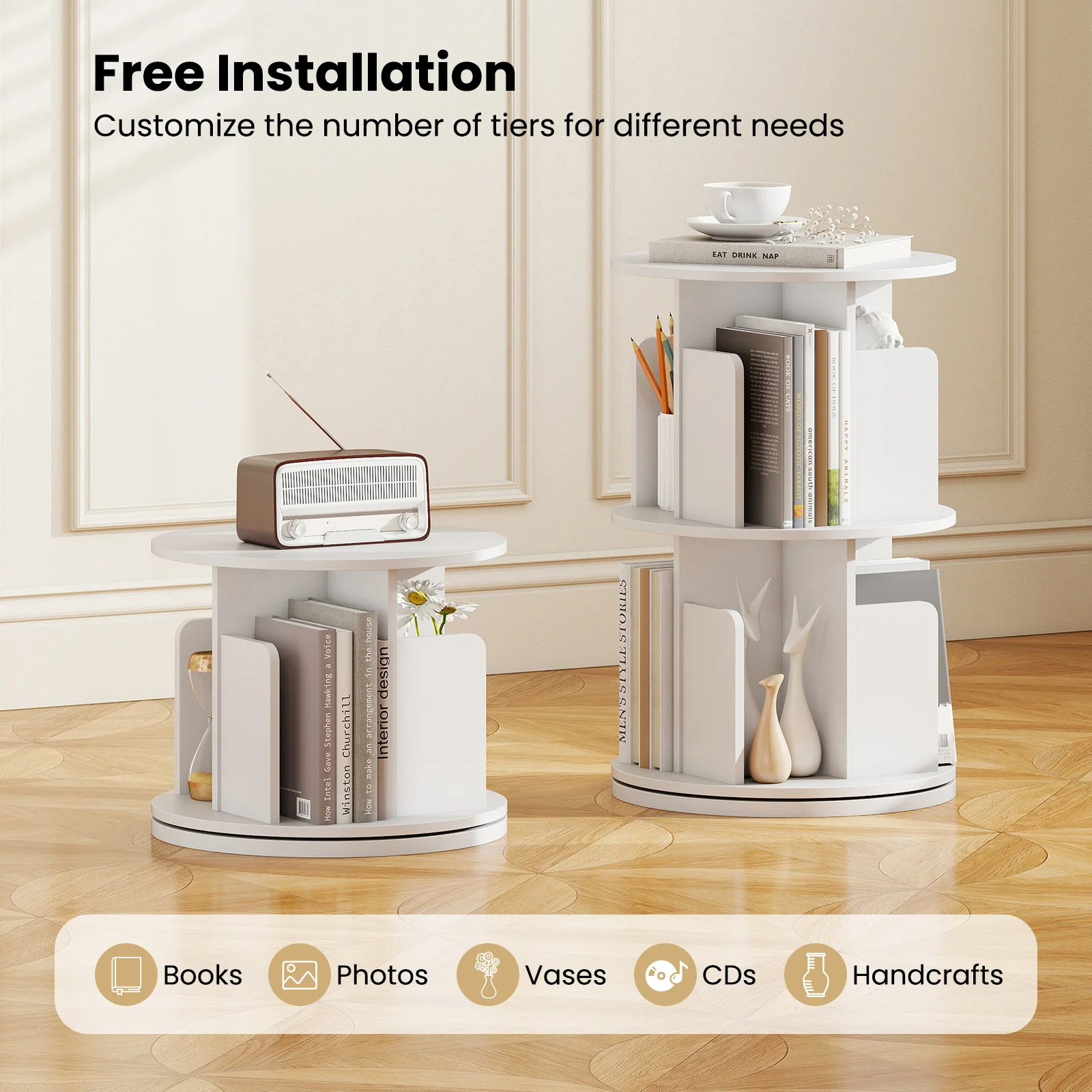 2-Tier Rotating Bookshelf With Dividers, White - Image 9