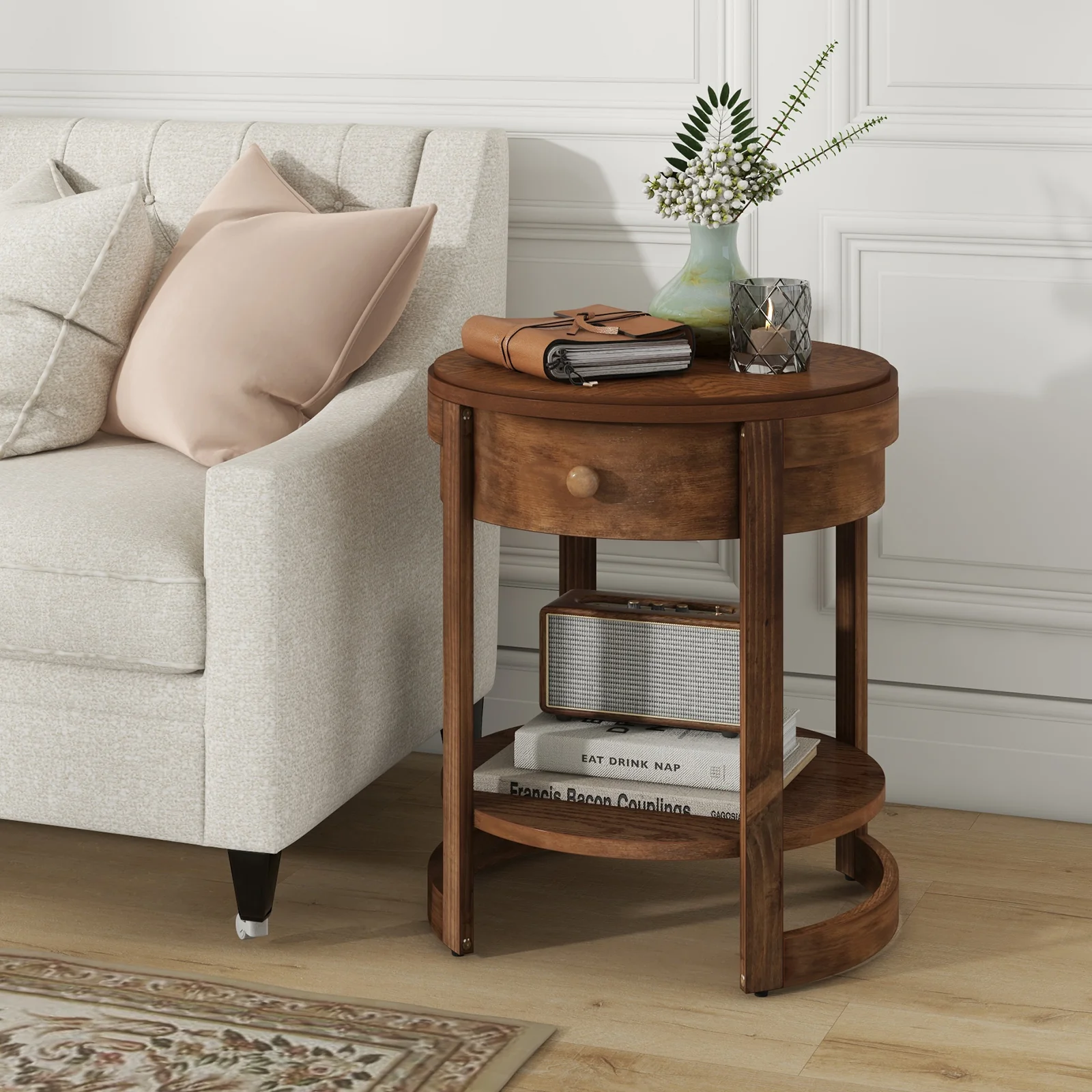 2-Tier Round End Table, Mid Century Modern Nightstand, Drawer And Shelf, Brown - Image 3