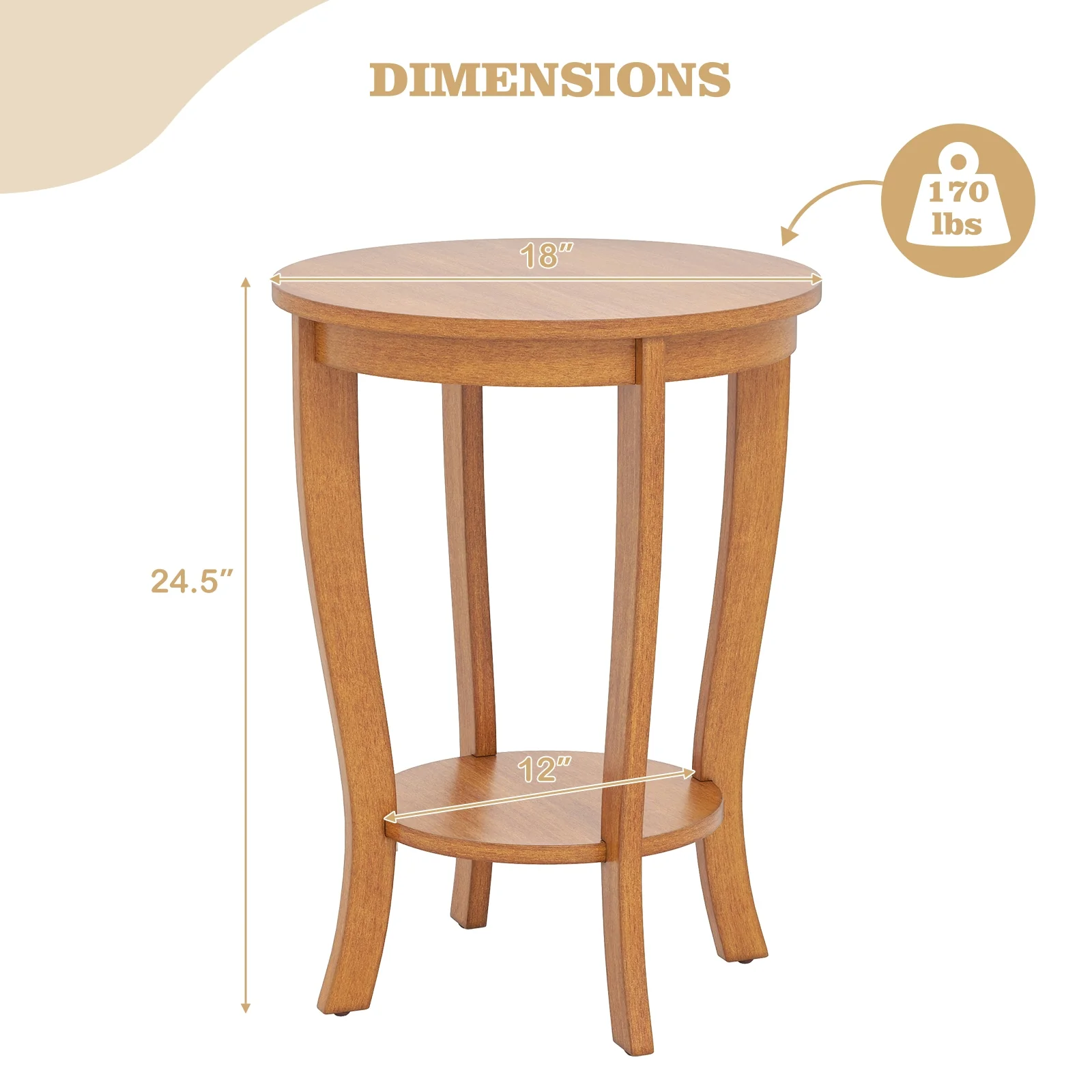 2-Tier Round End Table, Solid Wood Legs, Light Brown - Image 5