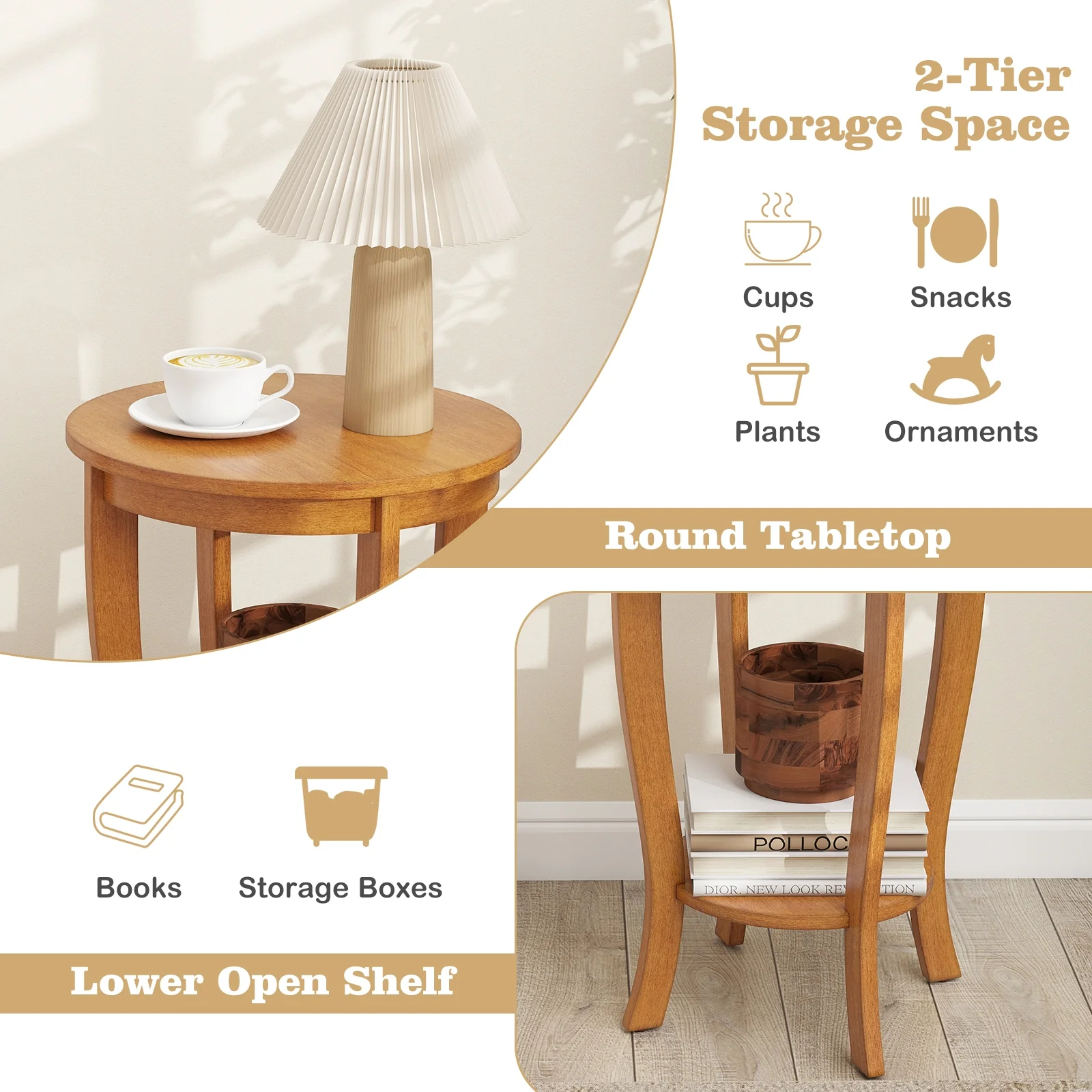 2-Tier Round End Table, Solid Wood Legs, Light Brown - Image 7
