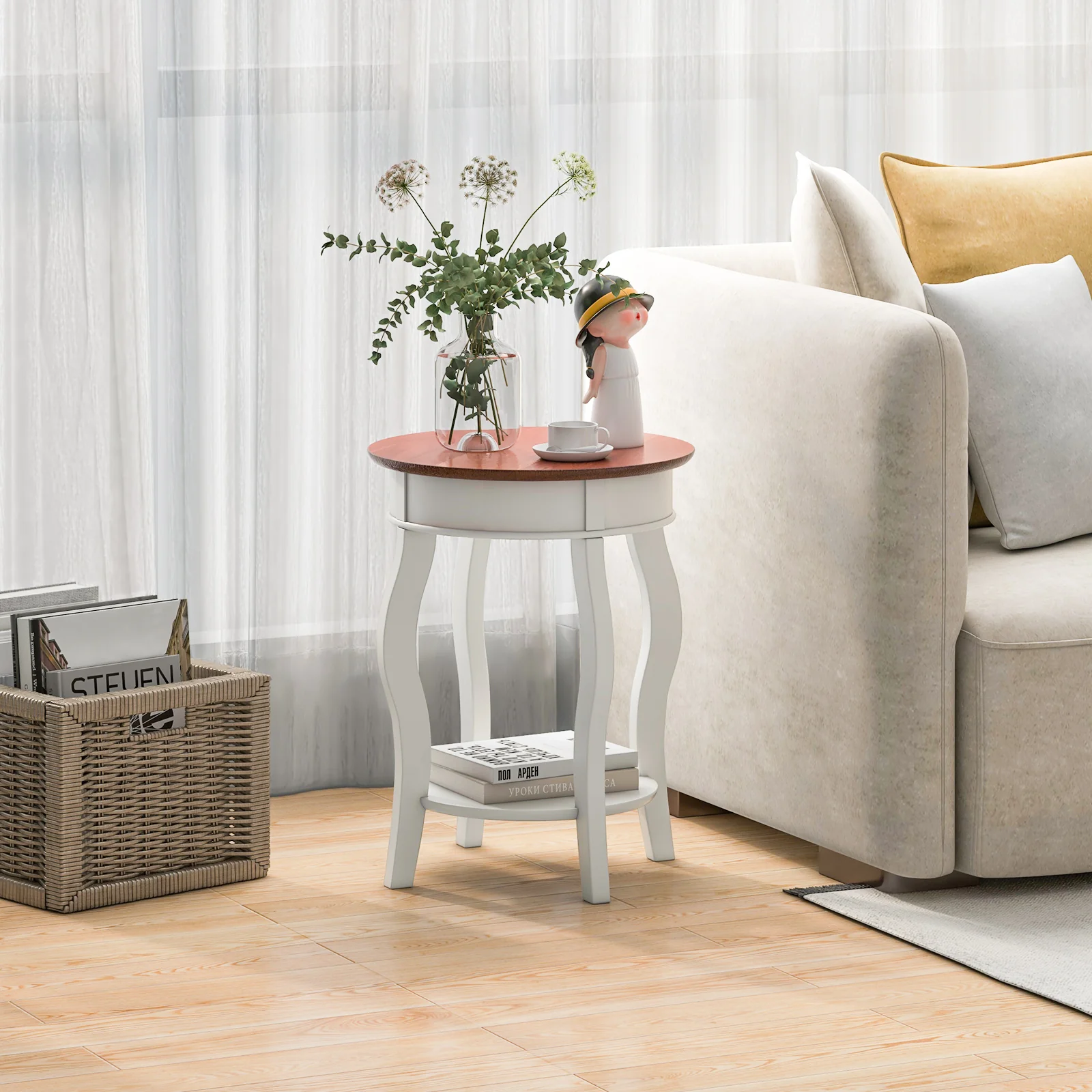 2-Tier Round End Table, Storage Shelf, Rubber Wood Legs, Walnut & White, Gray - Image 2