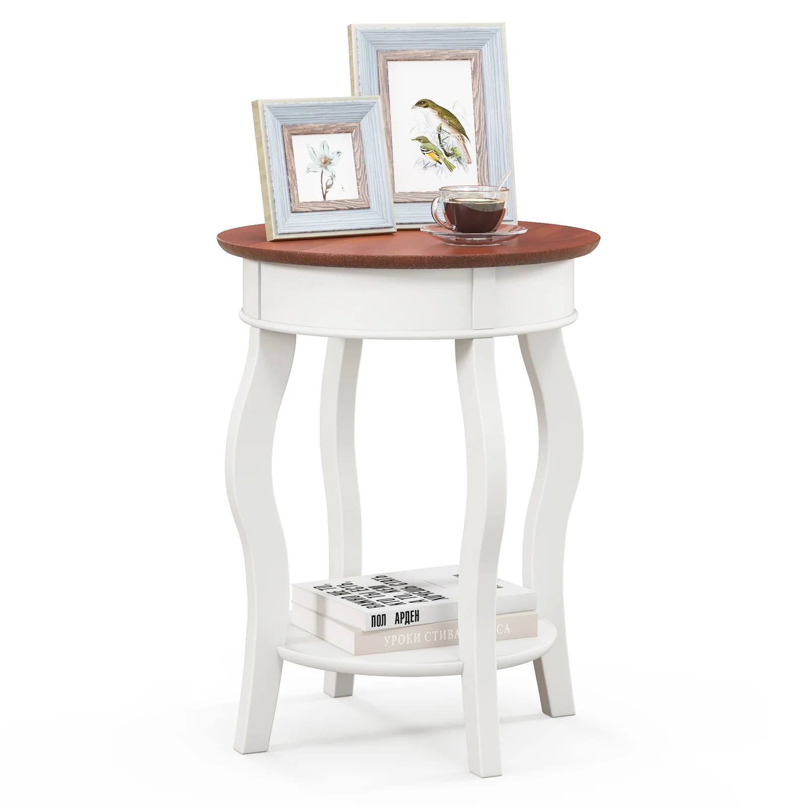 2-Tier Round End Table, Storage Shelf, Rubber Wood Legs, Walnut & White, Gray - Image 4