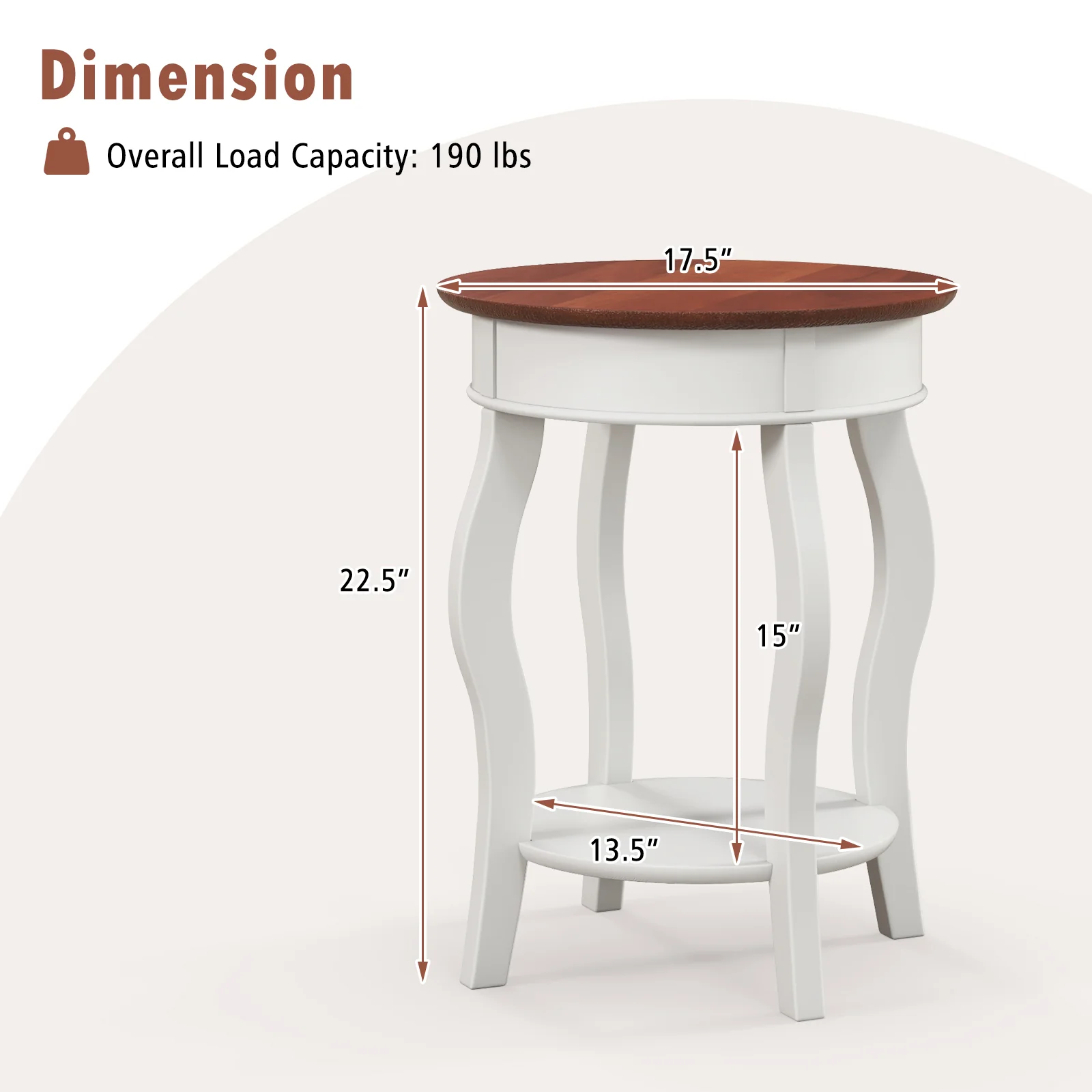 2-Tier Round End Table, Storage Shelf, Rubber Wood Legs, Walnut & White, Gray - Image 5