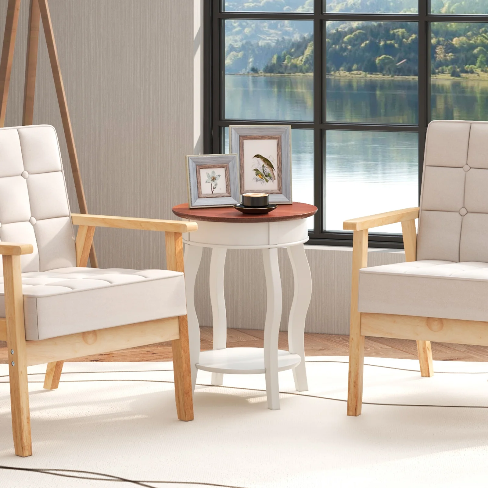 2-Tier Round End Table, Storage Shelf, Rubber Wood Legs, Walnut & White, Gray - Image 6