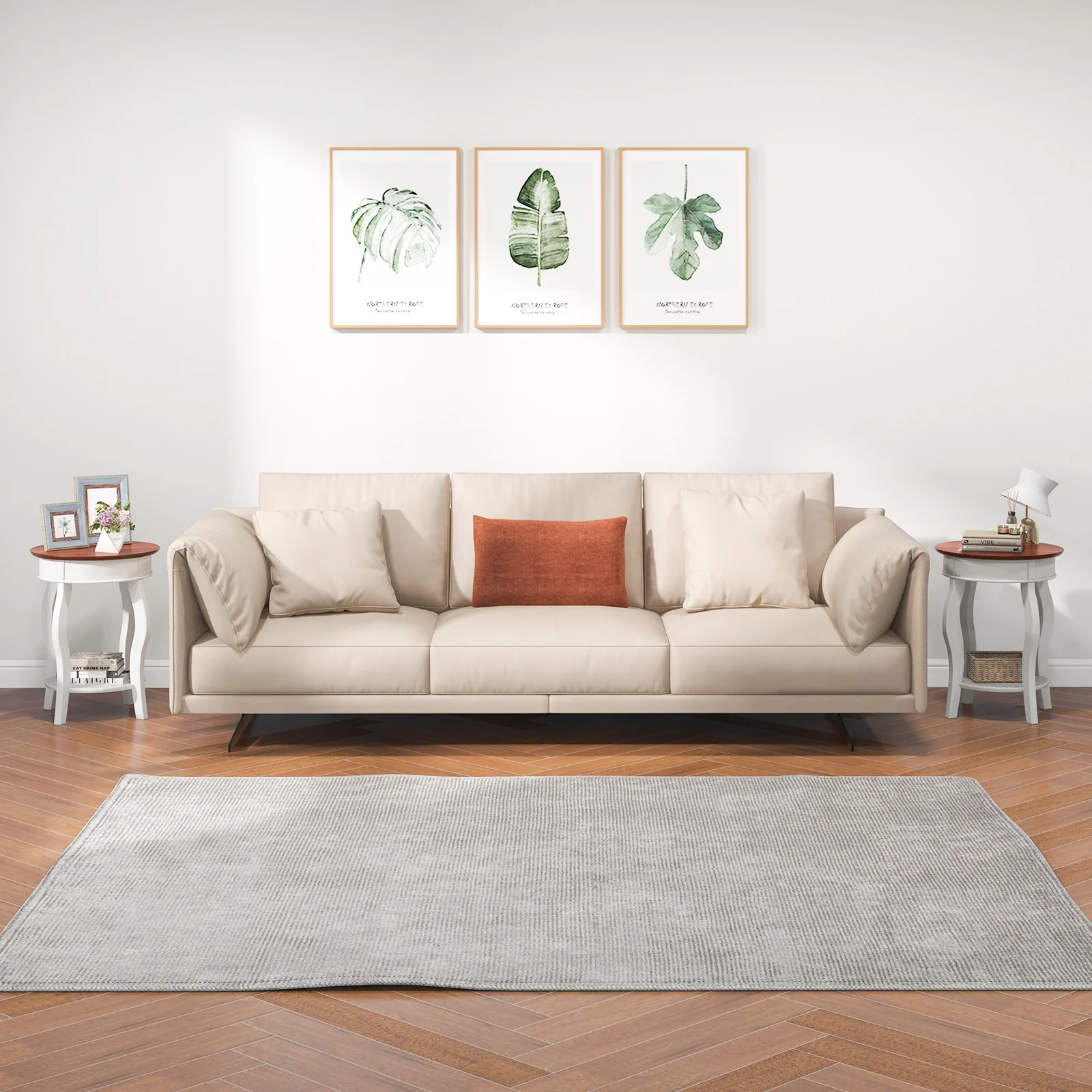 2-Tier Round End Table, Storage Shelf, Rubber Wood Legs, Walnut & White, Gray - Image 7