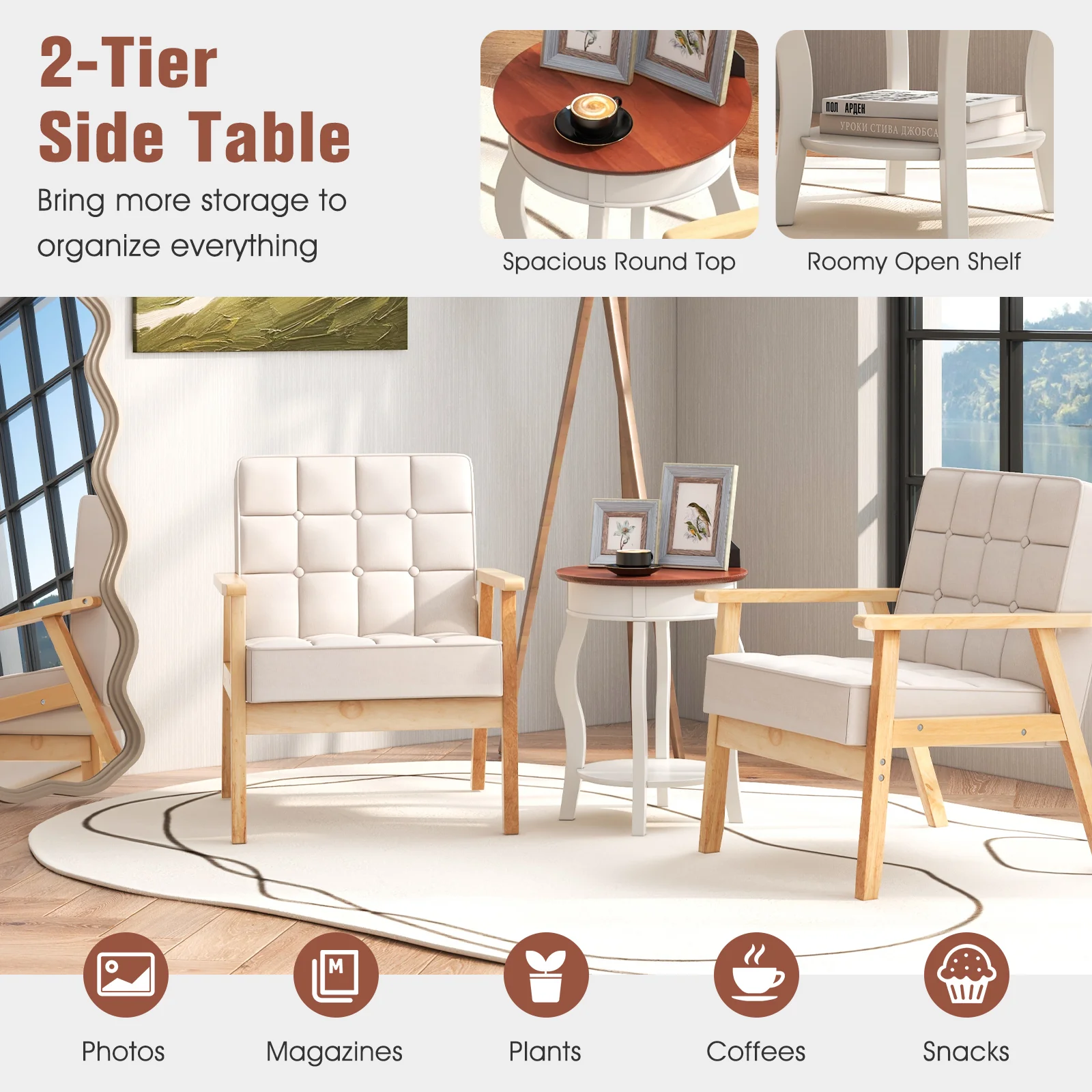 2-Tier Round End Table, Storage Shelf, Rubber Wood Legs, Walnut & White, Gray - Image 9