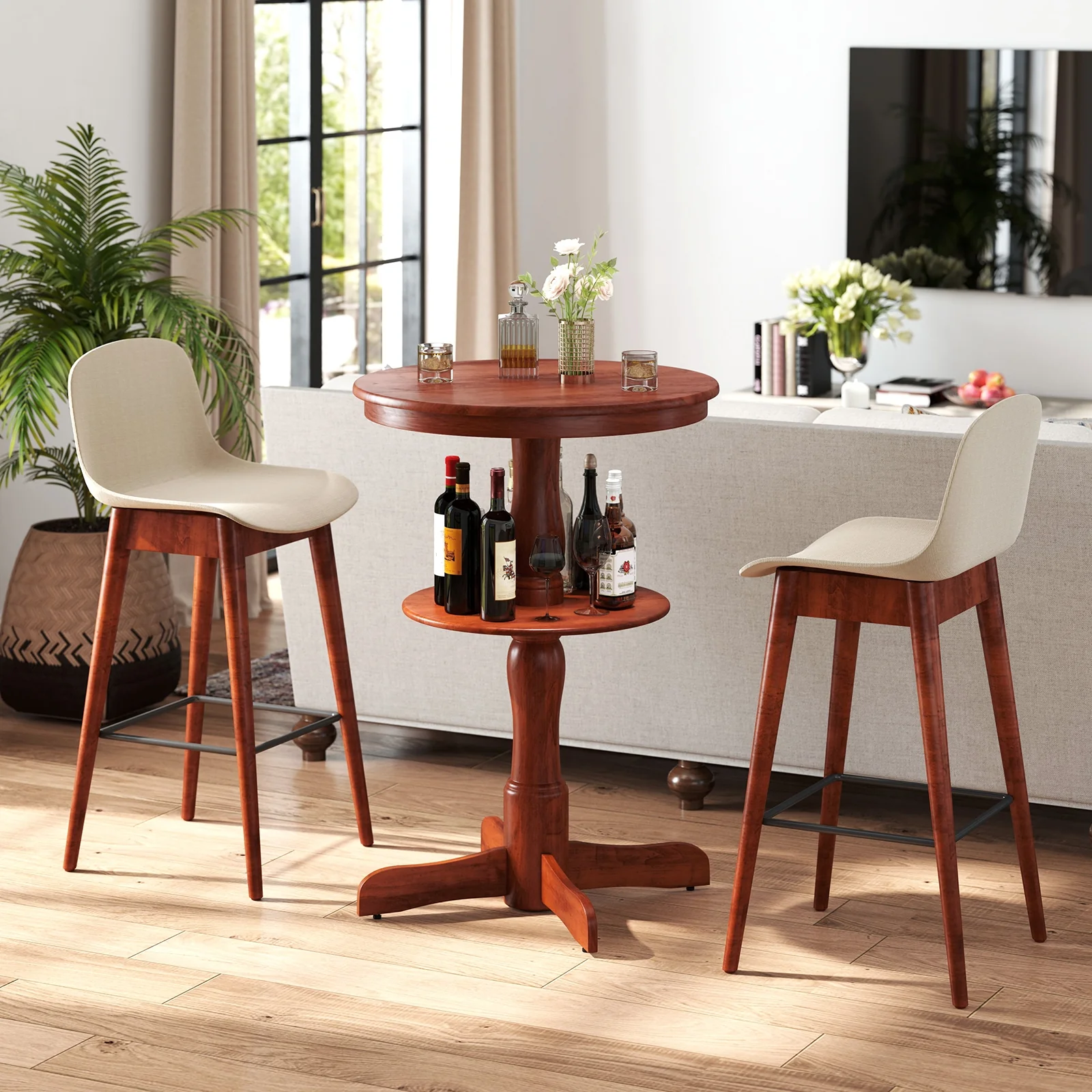 2-Tier Round High Top Bar Table, Storage Shelf, Pedestal Base, Espresso - Image 2