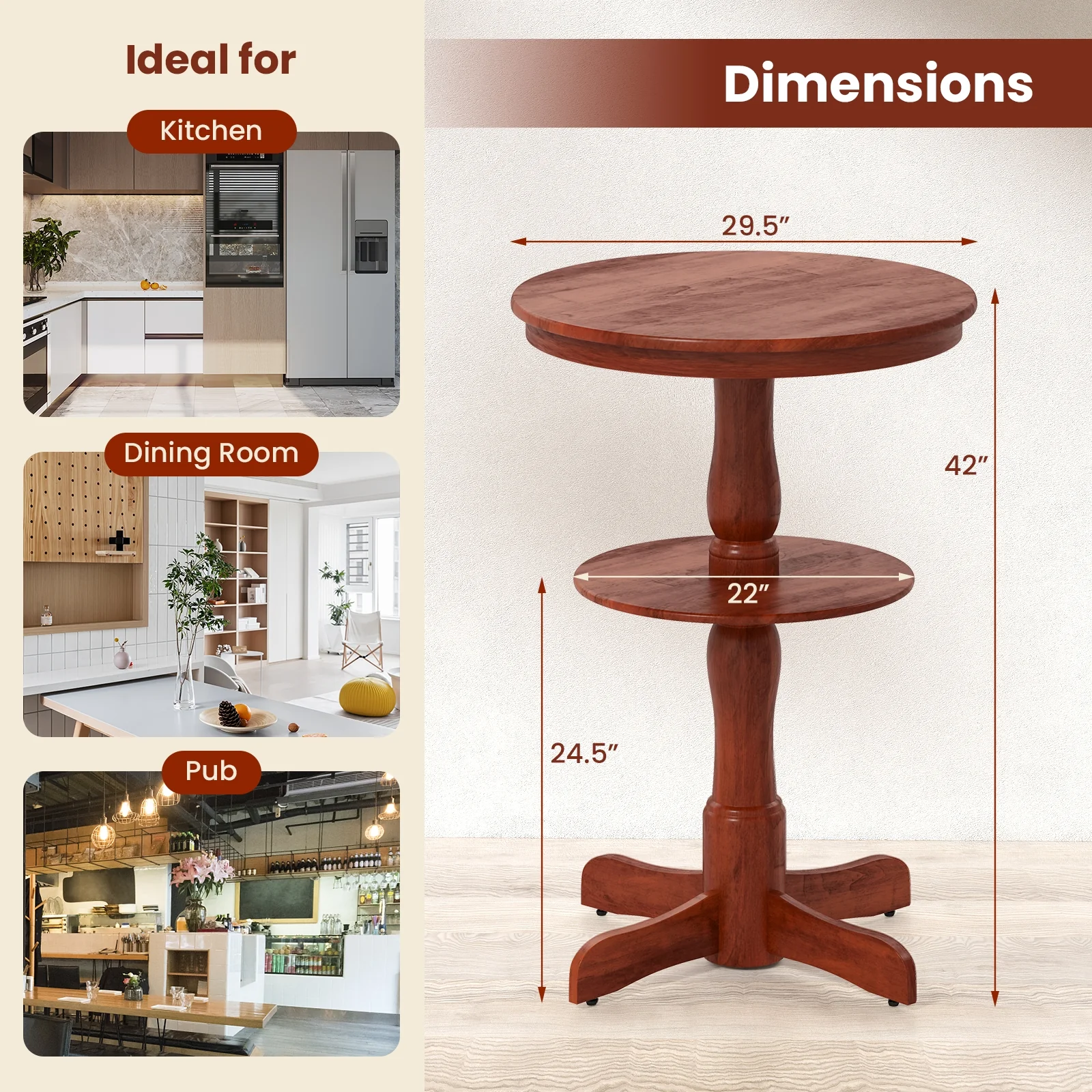 2-Tier Round High Top Bar Table, Storage Shelf, Pedestal Base, Espresso - Image 6