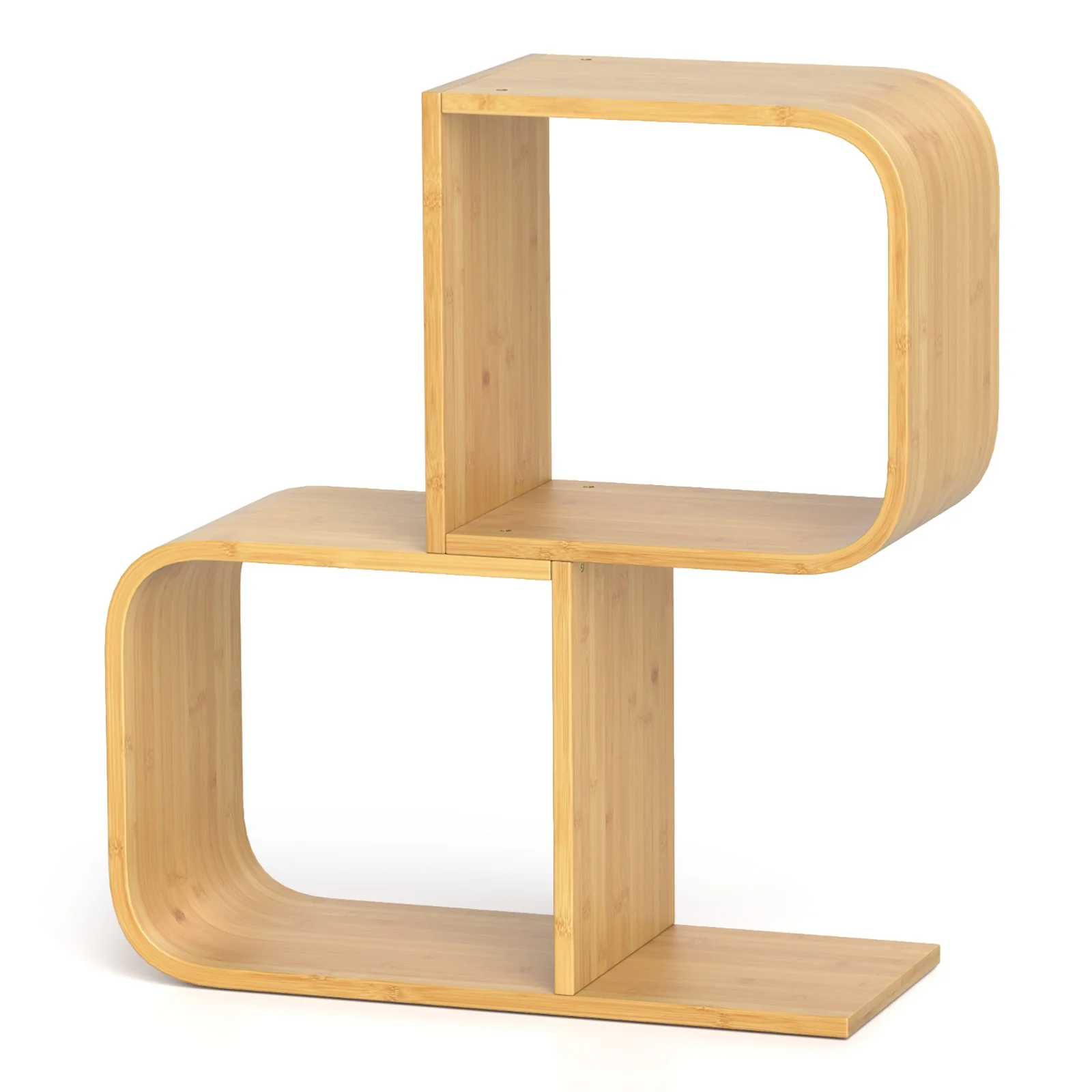 2-Tier S-Shaped Bamboo Bookcase, 2 Open Cubes, Natural